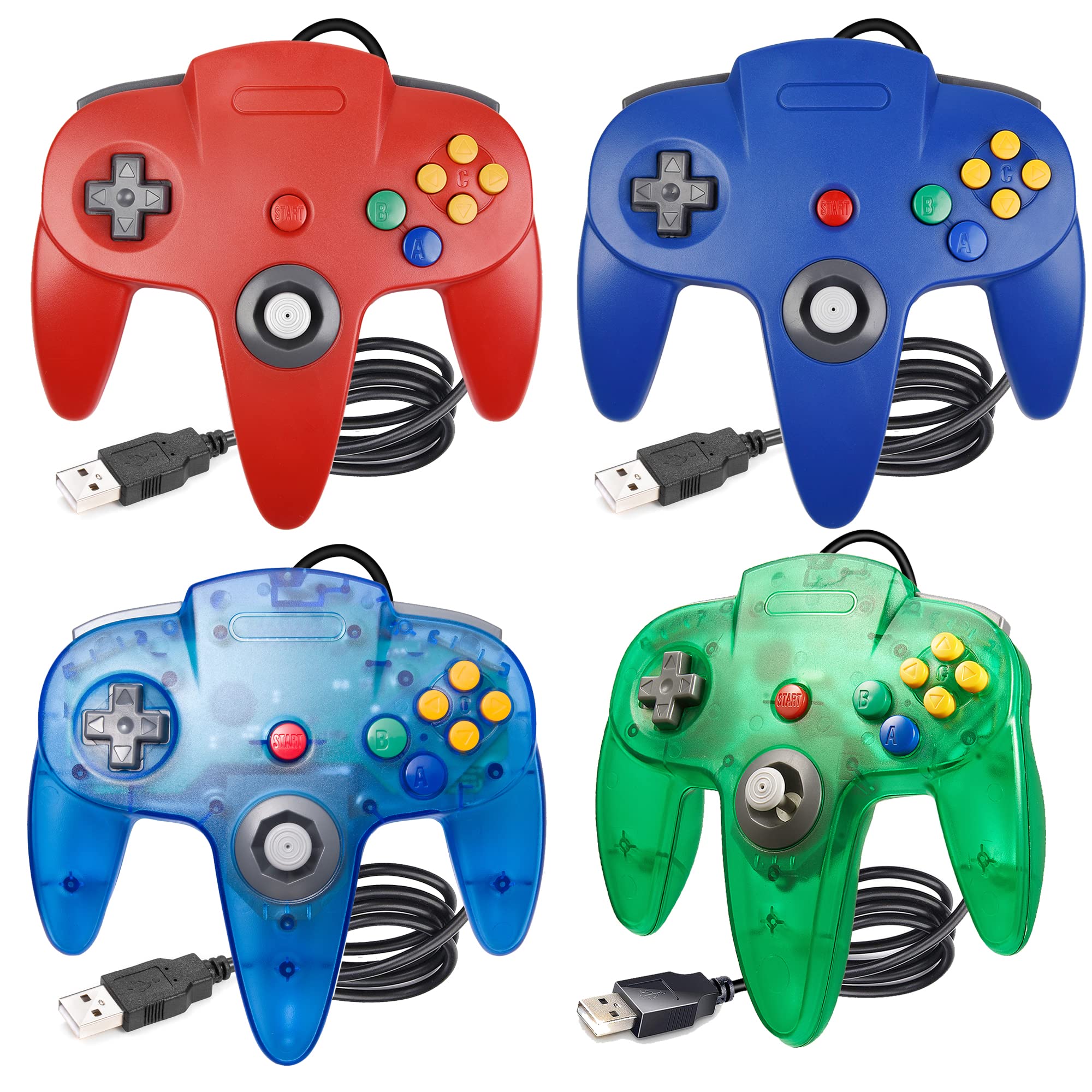 4 Pack USB N64 Controller - Classic Wired 64 Gamepad Joystick for PC, Mac, Raspberry Pi 4 & Windows - Retro Gaming Accessories for Nintendo 64, Super Smash Bros & Mario Kart Players
