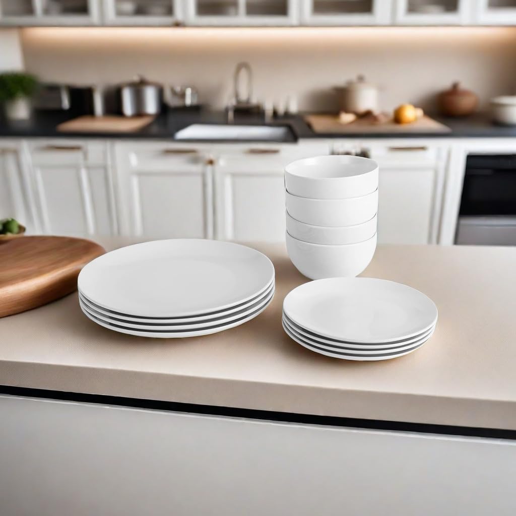 12-Piece Porcelain Dinnerware Set - 4 Dinner Plates, 4 Salad Plates & 4 Bowls - Dishwasher & Microwave Safe White Tableware for Everyday Dining & Entertaining