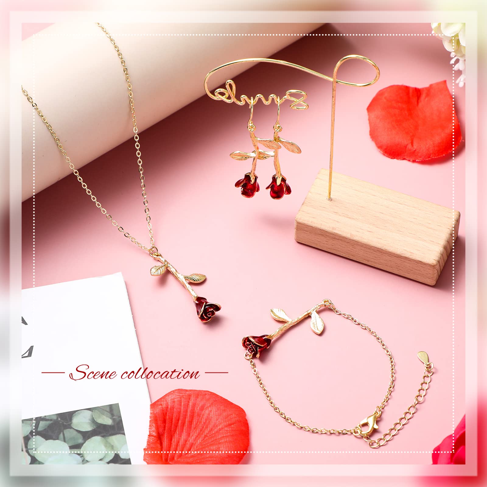 18K Gold Plated Rose Flower Jewelry Set - Necklace, Bracelet & Earrings for Women | Elegant Valentine's Day, Anniversary & Christmas Gift | Perfect for Date Nights, Parties & Special Occasions