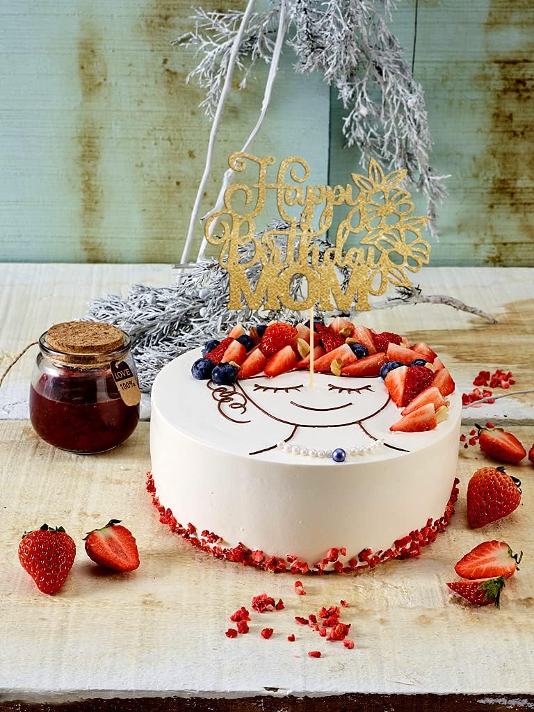 Premium Gold Glitter Flower Cake Topper for Mom - Happy Birthday & Mother's Day Cake Decoration - Elegant Party Supplies for Birthday Celebrations, Mother's Day Parties & Special Occasions