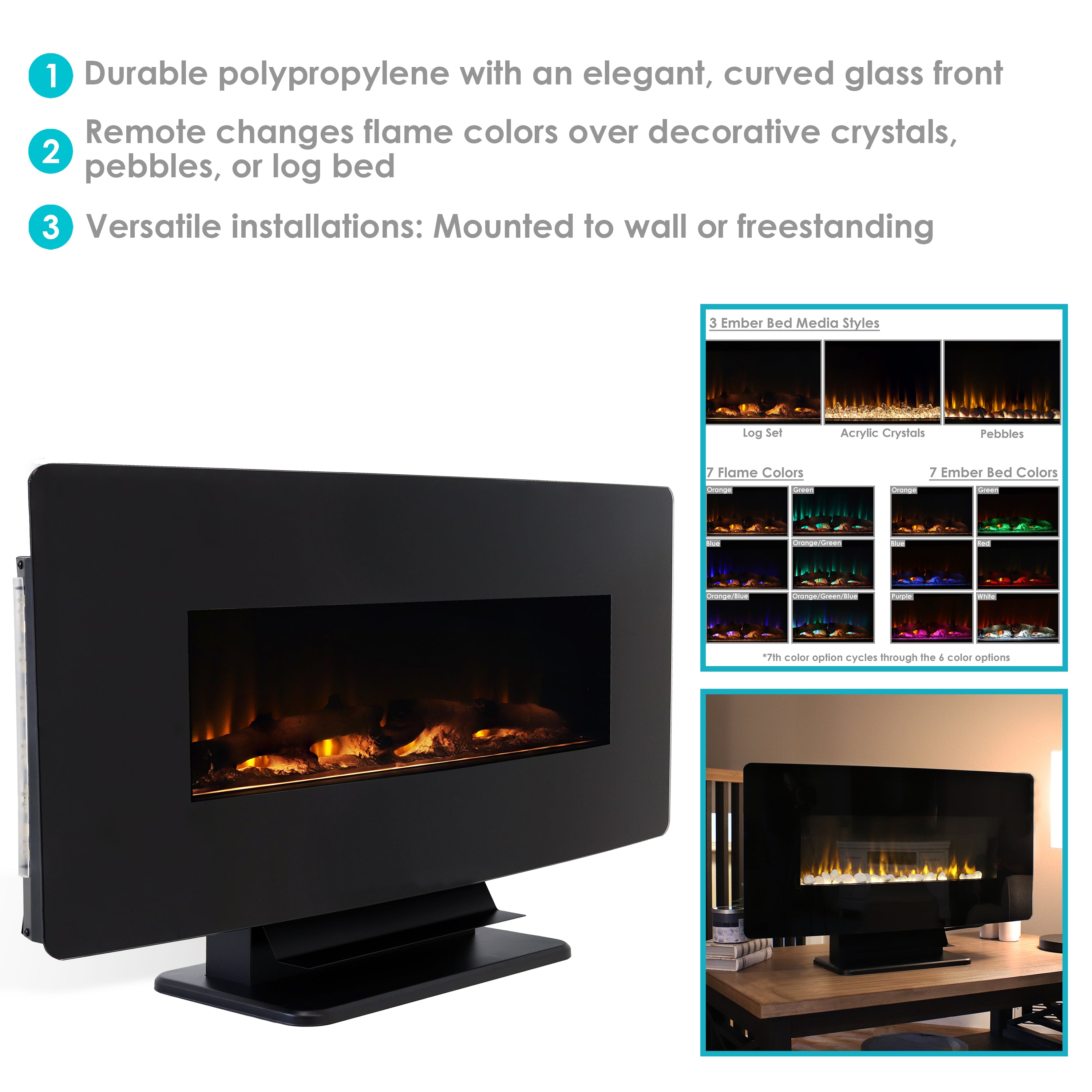 Sunnydaze Electric Fireplace - Wall Mount or Freestanding, Color Changing LED Flame Effect, Indoor Heating for Living Room, Bedroom & Office