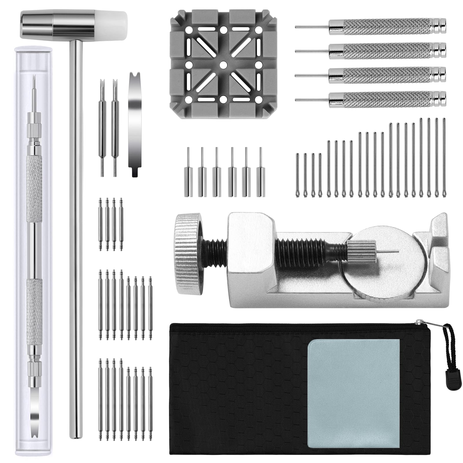 **58PCS Professional Watch Band Repair Kit - Watch Strap Replacement Tool Set with Link Pins Remover, Dual Head Hammer & Fixed Seat, Spring Bar Tools in Black Zipper Bag - Perfect for Watch Repair & Maintenance at Home or Workshop**