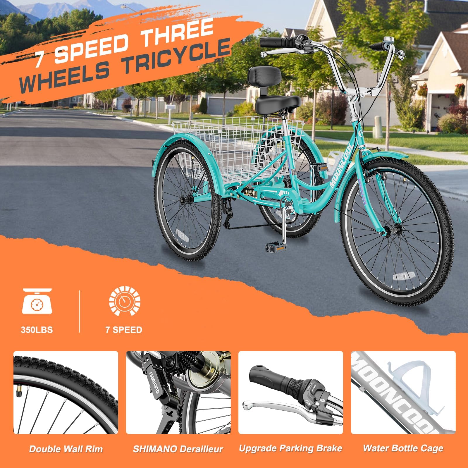MOONCOOL Adult Tricycle 3-Wheel Bicycle with 7-Speed Gears, 20/24/26 Inch Wheels & Storage Basket - Comfortable 3-Wheeled Bike for Seniors, Women & Men - Perfect for Grocery Shopping, Park Rides & Daily Commuting