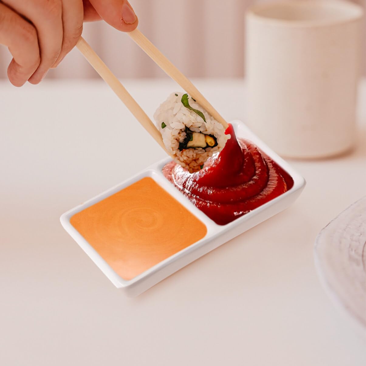 Kichvoe 2-Compartment Divided Ceramic Appetizer Plates - White Soy Sauce Dipping Dishes, Charcuterie Bowls & Snack Platter for BBQ, Ketchup, Vinegar - Perfect for Entertaining, Party Serving & Restaurant Use