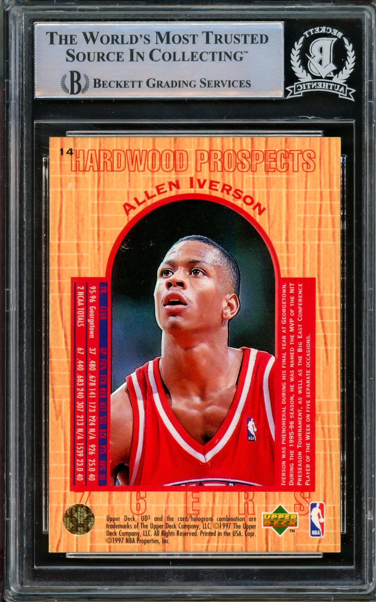 Allen Iverson Autographed 1996-97 UD3 Hardwood Prospects Rookie Card #14 Philadelphia 76ers Beckett BAS #14863452 - Rare Collectible for NBA Memorabilia Fans & Sports Card Collectors - Perfect for Display, Investment, or Gift for Basketball Enthusiasts