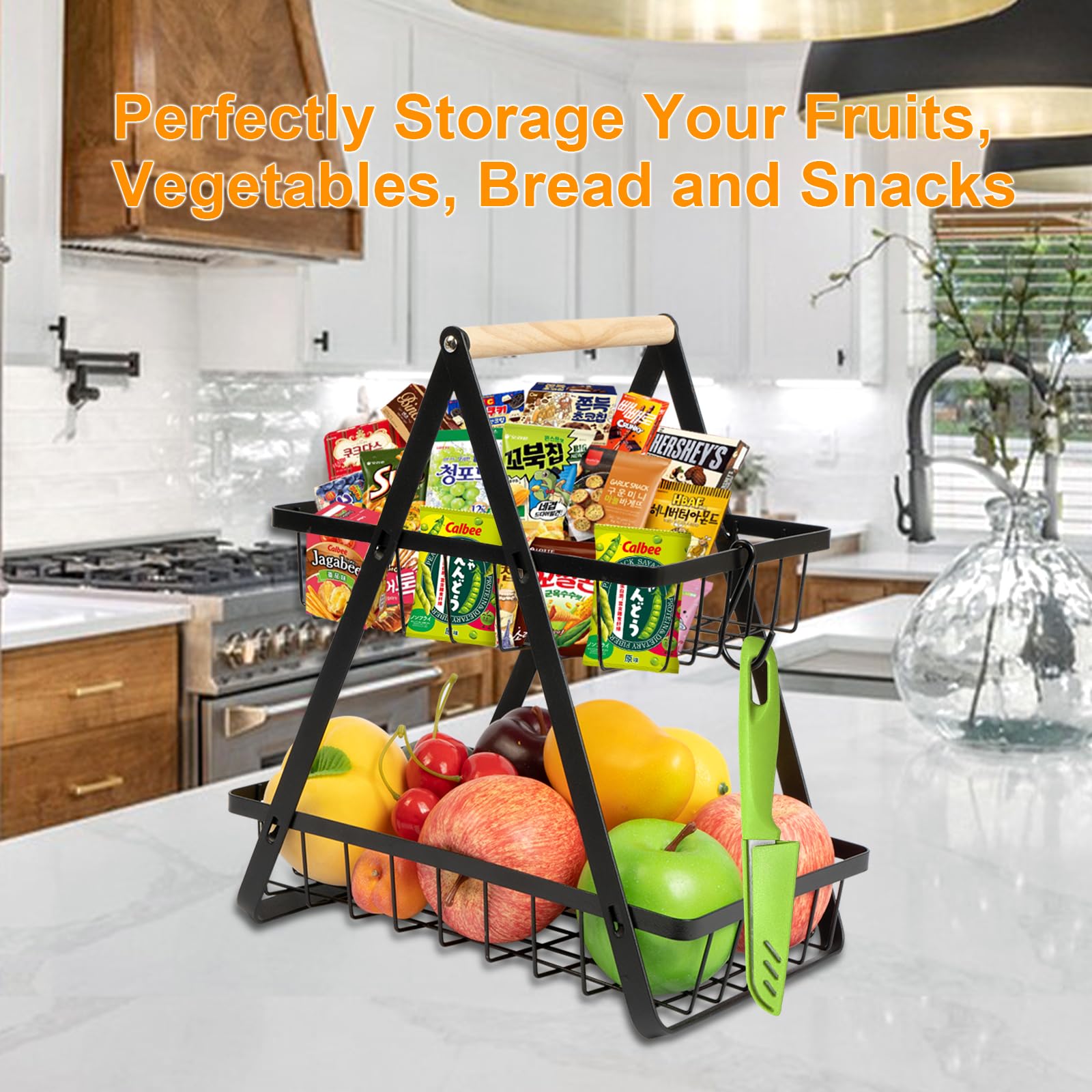 2 Tier Wooden Fruit Basket with Banana Hanger & Detachable Metal Holder - Kitchen Storage Organizer for Fruits, Vegetables, Bread & Snacks - Perfect for Countertop, Pantry & Dining Table Organization