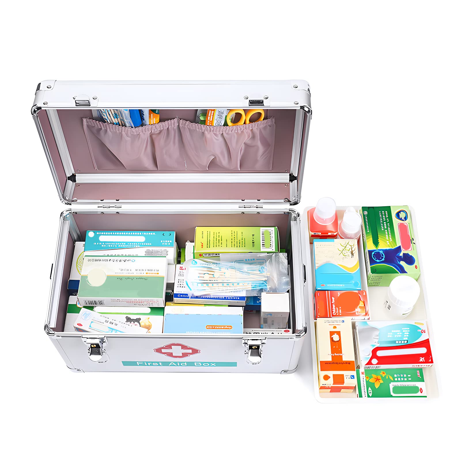 2 Layer Portable Aluminum Alloy Medicine Storage Box with Lock - Childproof First Aid Kit Organizer, Household Medication Case with Handle for Travel, Home & Emergency Use