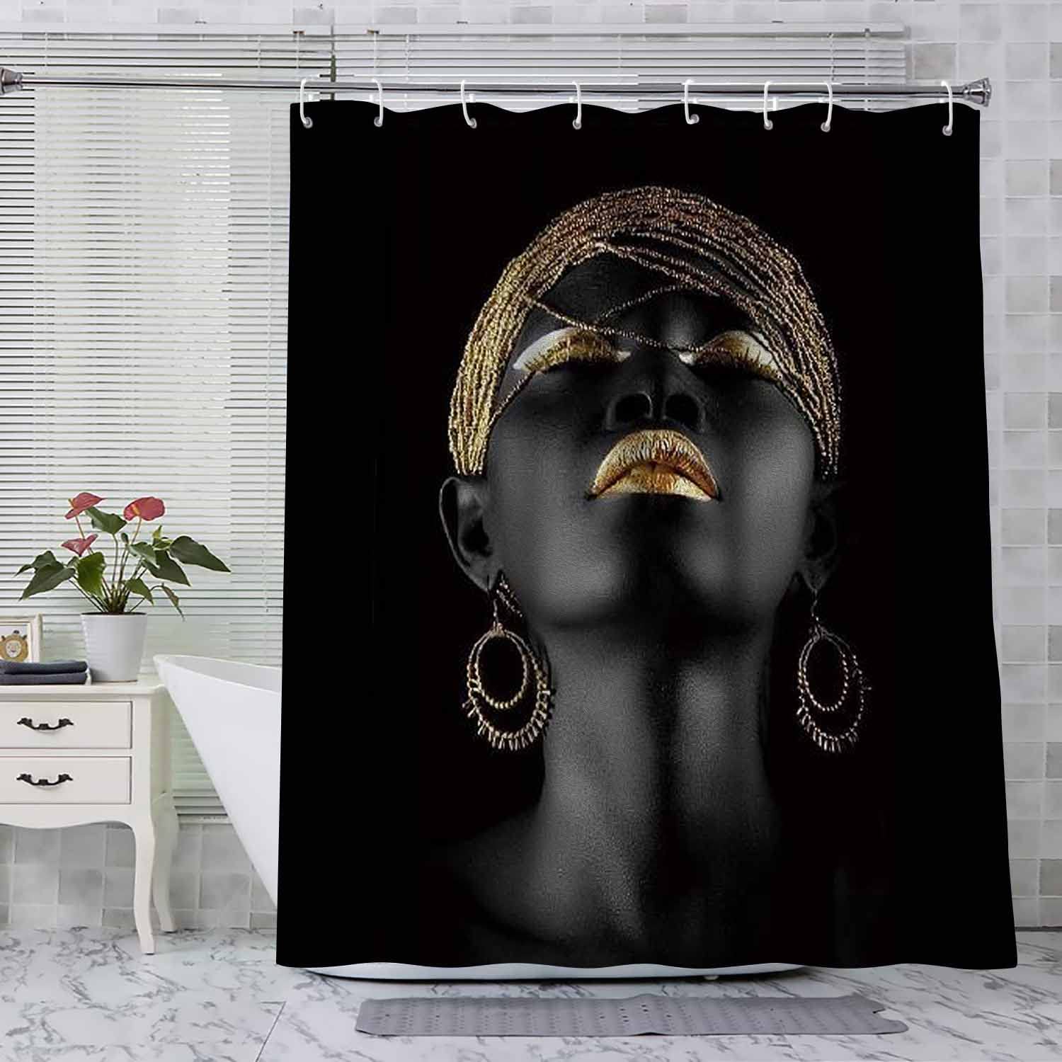 Black Girl Shower Curtain with Gold Lips Design - 48x72 Inch Afro-Inspired Bathroom Decor Set with 8 Hooks - Machine Washable Polyester Fabric for Stylish Bathroom Makeover - Perfect for Black Pride, Cultural Decor & Modern Home Bathrooms