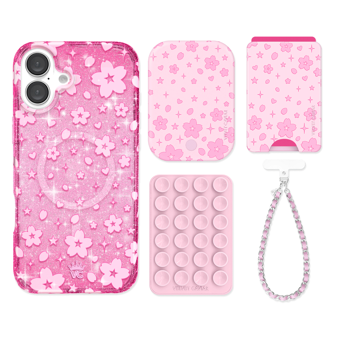 Cherry Blossom Glitter iPhone Case with Wallet - Cute Floral Phone Cover & Card Holder for Women - Perfect for Spring Outfits, Travel, and Everyday Use