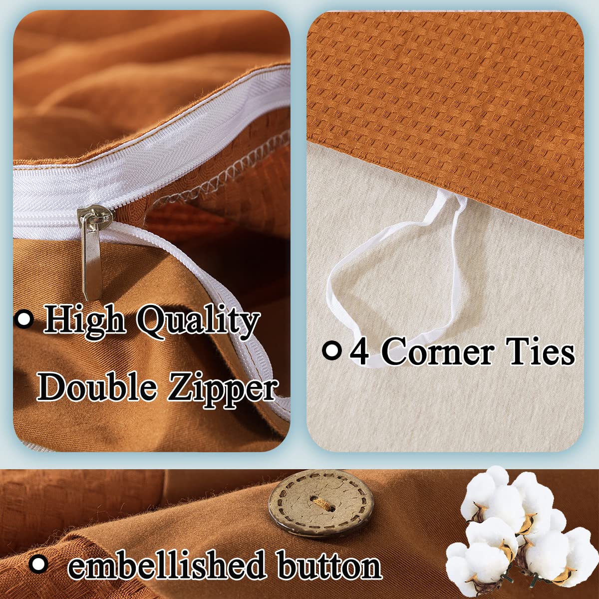 FADFAY Queen Size Burnt Orange Duvet Cover Set - 100% Cotton Waffle Weave Reversible Comforter Cover with Zipper Closure | Luxury Textured Terracotta Bedding | Soft, Breathable 3-Piece Set for All Seasons | Perfect for Master Bedroom, Guest Room & Cozy Home Decor