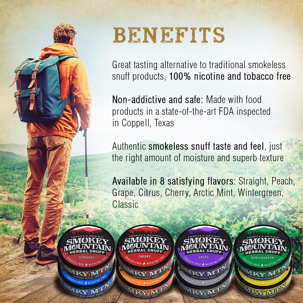 Smokey Mountain Herbal Long Cut Peach Flavored Tobacco-Free & Nicotine-Free Snuff Alternative - 1 Can (3oz) - Perfect for Quitting Smoking, Herbal Enjoyment & Outdoor Activities