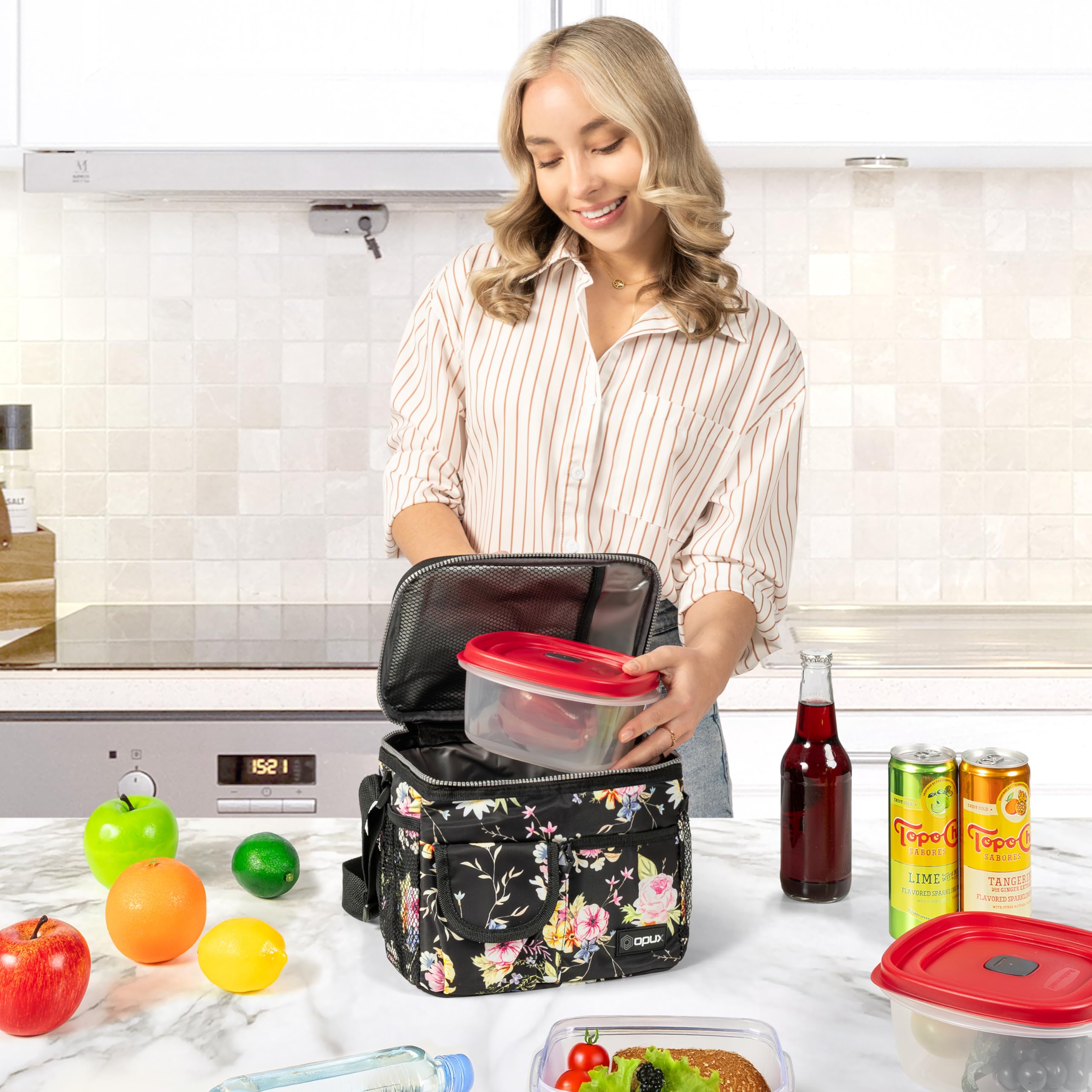 OPUX Insulated Lunch Bag for Men & Women - Leakproof Floral Black Lunch Box for Work, School & Travel - Portable Soft Cooler Bag with Shoulder Strap - Holds 14 Cans/8L - Perfect for Office, Picnics & Outdoor Activities