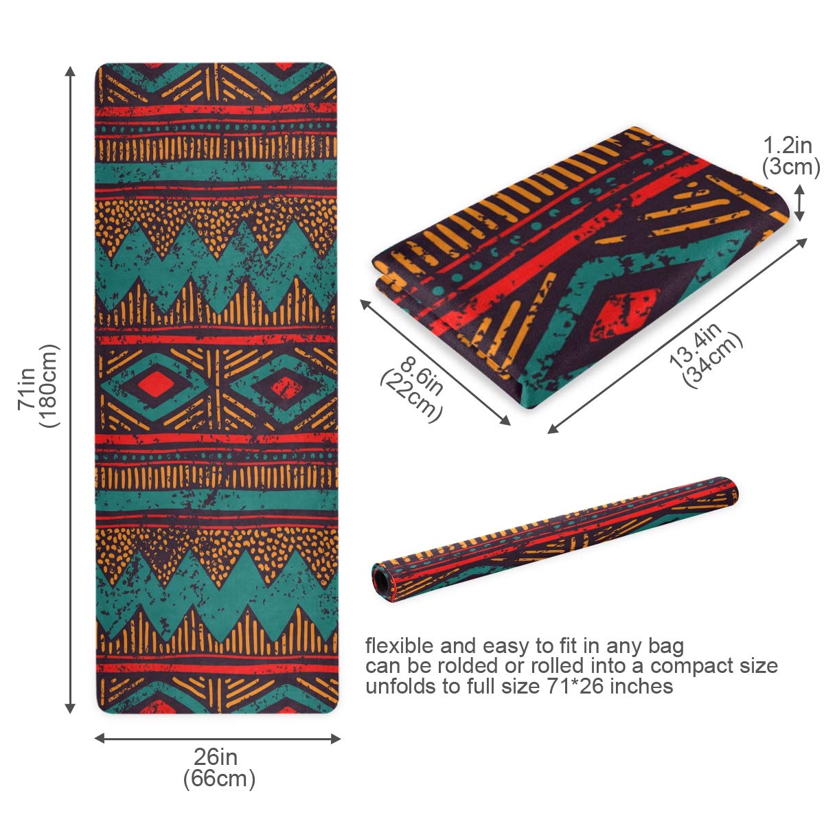 ALAZA Non-Slip Aztec Tribal Yoga Mat - 71x26 Inches Geometric Design Exercise Mat for Men & Women - 1mm Thick Foldable Travel Floor Mat for Yoga, Pilates & Home Workouts