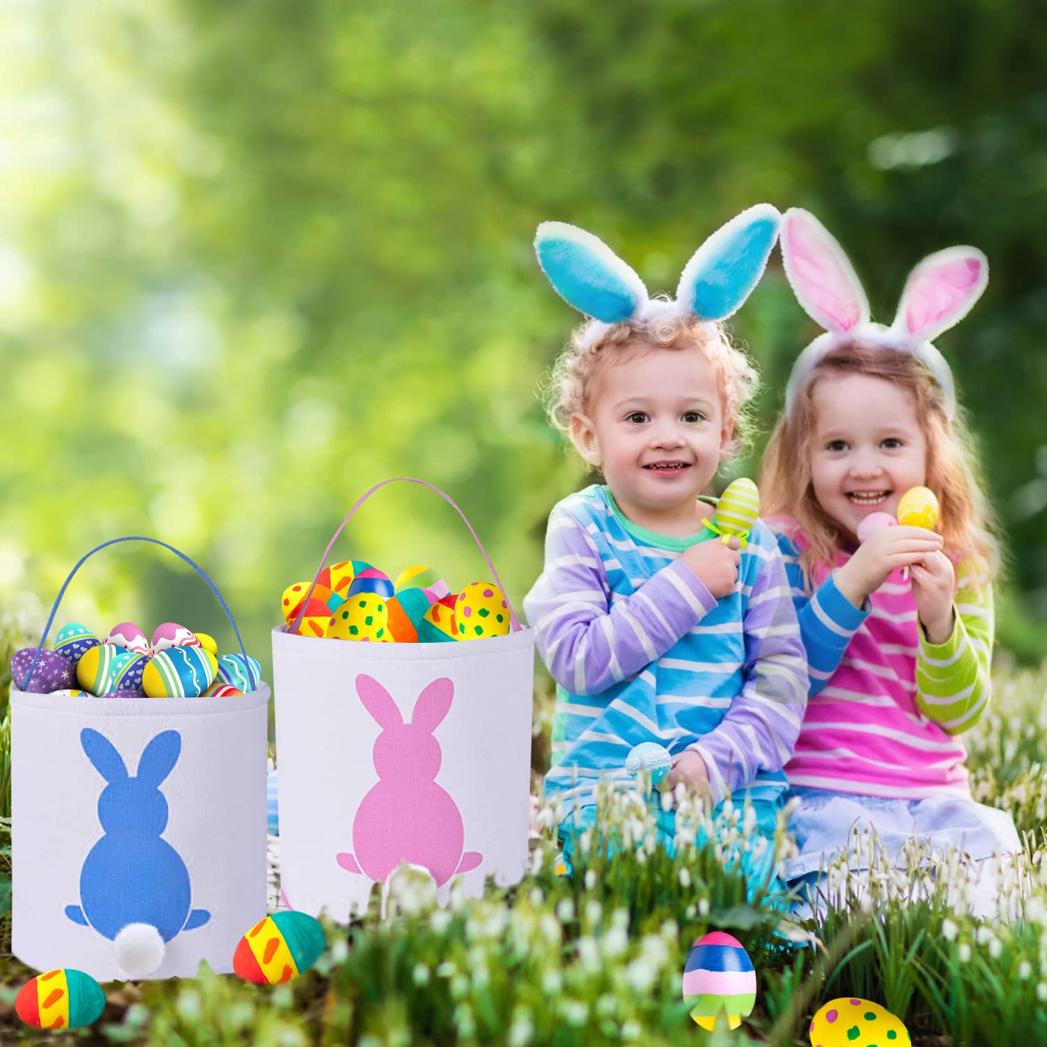 8 Pack Easter Bunny Bags with Rabbit Ears & Fluffy Tails - Kids Easter Egg Hunt Basket Set, Bunny Canvas Tote Gift Bags for Candy, Party Decorations - Perfect for Easter Celebrations, Egg Hunts & Spring Parties