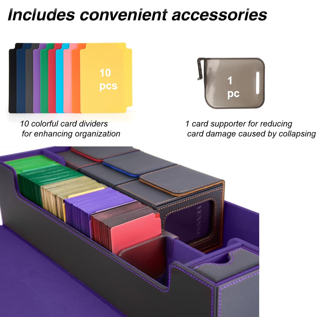 Premium MTG Deck Box - Holds 5 Display Card Decks with Playmat & Dice Storage | Includes 10 Colorful Dividers & Card Supporter | Magic The Gathering Card Organizer for Game Nights & Tournaments (Black & Purple)