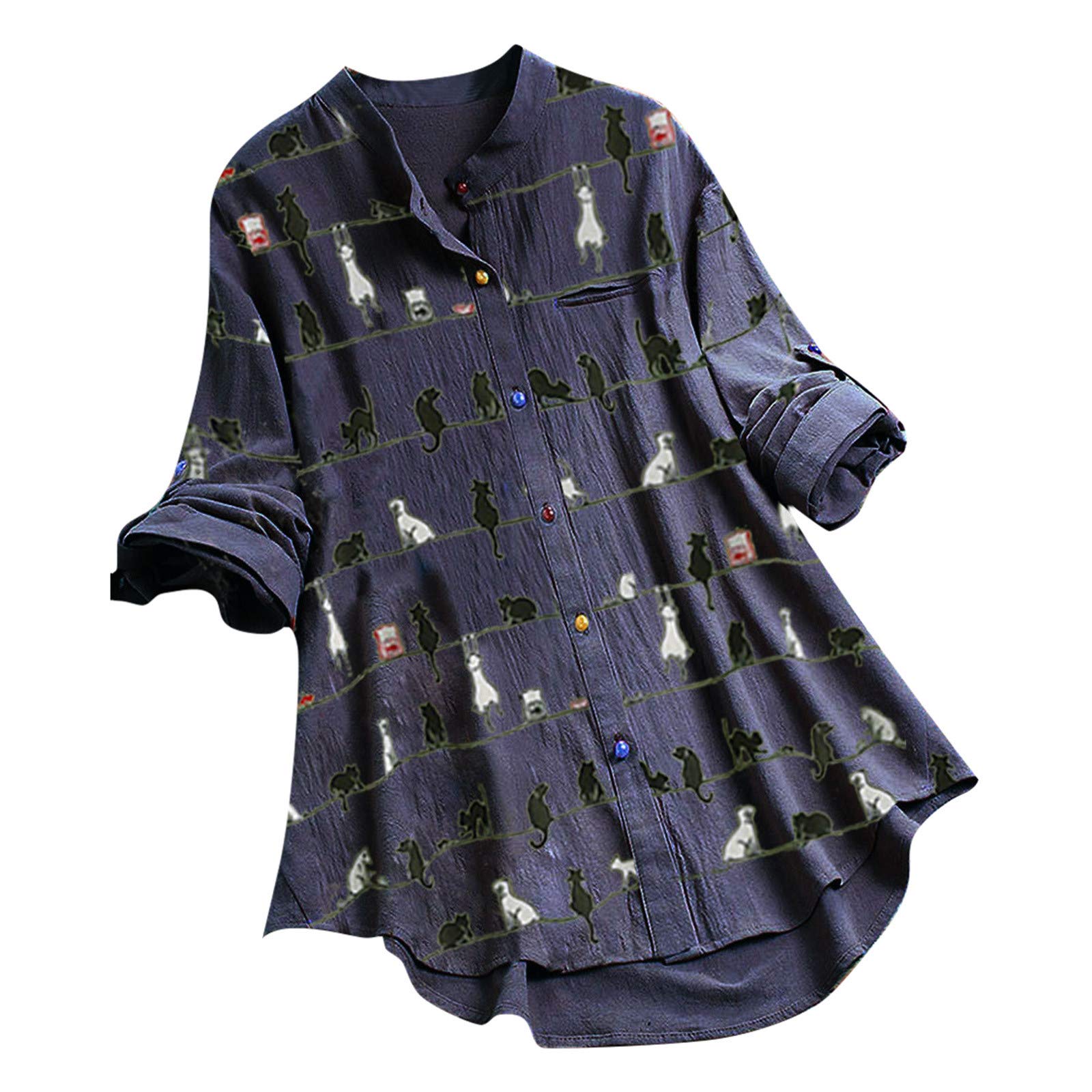 YSLMNOR Women's Cotton Linen 3/4 Sleeve Blouse Floral Printed Button Down Tunic Top - Casual Summer Outfit, Beach Cover-Up & Boho Style Office Wear