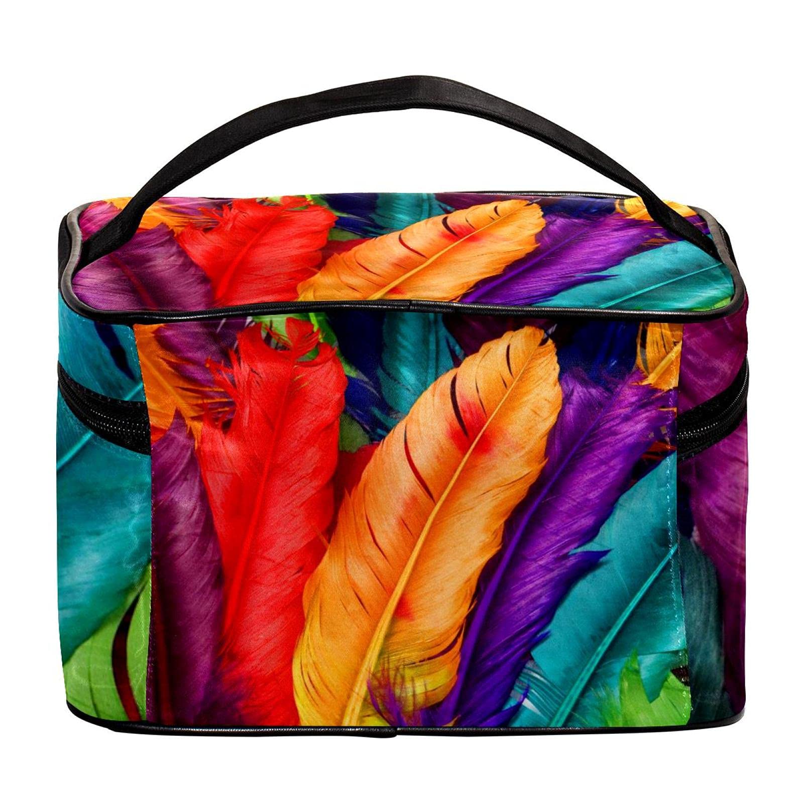 Vibrant Feather Print Travel Makeup Bag - Large Cosmetic Organizer with Zipper for Women & Girls | Perfect for Vacation, Gym, Work & Daily Essentials Storage