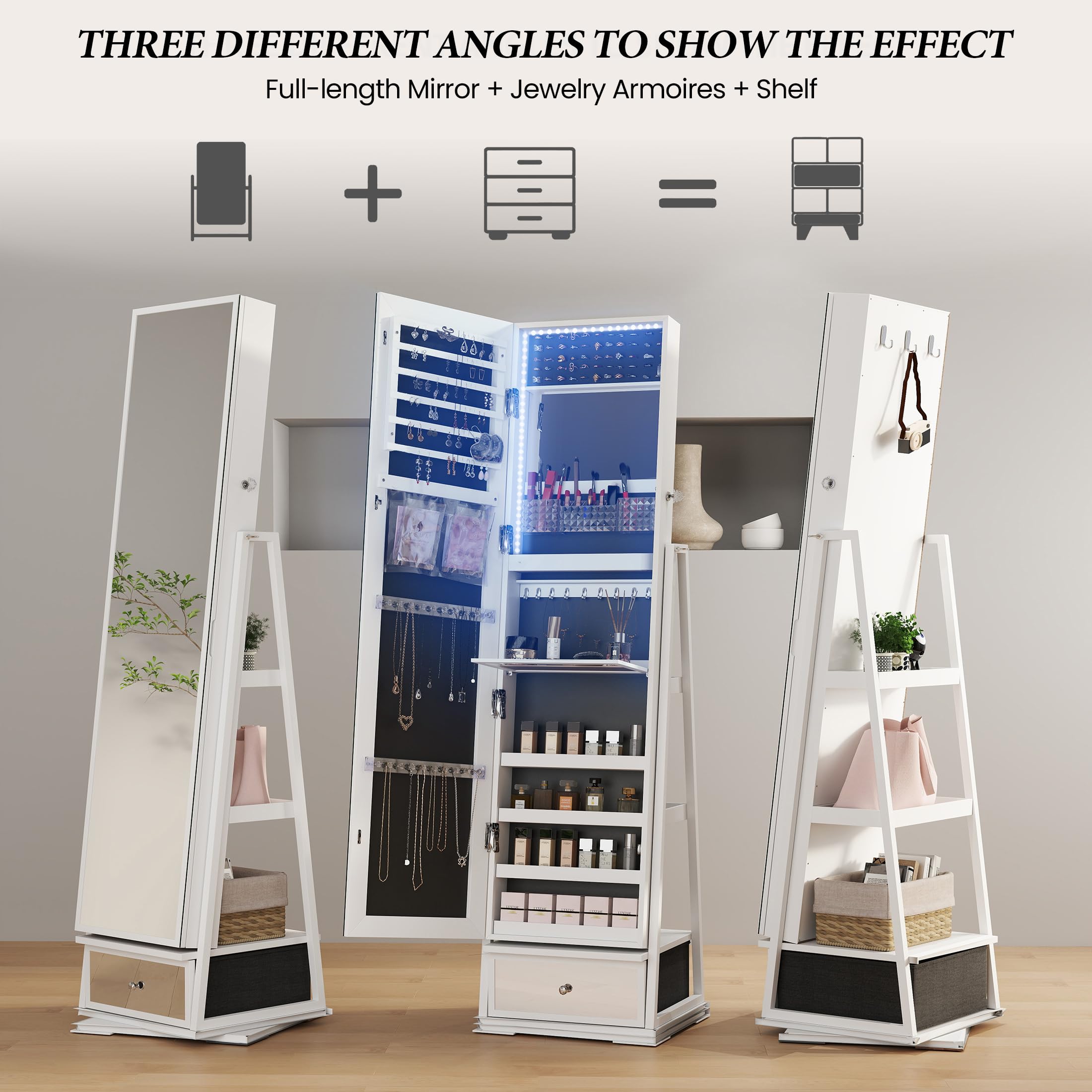 360° Swivel Jewelry Armoire with Full-Length LED Mirror - Lockable Standing Jewelry Cabinet with Rotating Shelves for Bedroom & Cloakroom Organization (White) | Perfect for Jewelry Storage, Vanity Dressing & Closet Organization