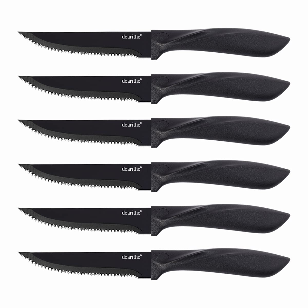 Premium 6-Piece Steak Knife Set - Black Serrated Stainless Steel Blades with Non-Stick Anti-Rust Coating (4.5 Inches) - Ideal for Restaurant, Kitchen, Camping & Outdoor Dining