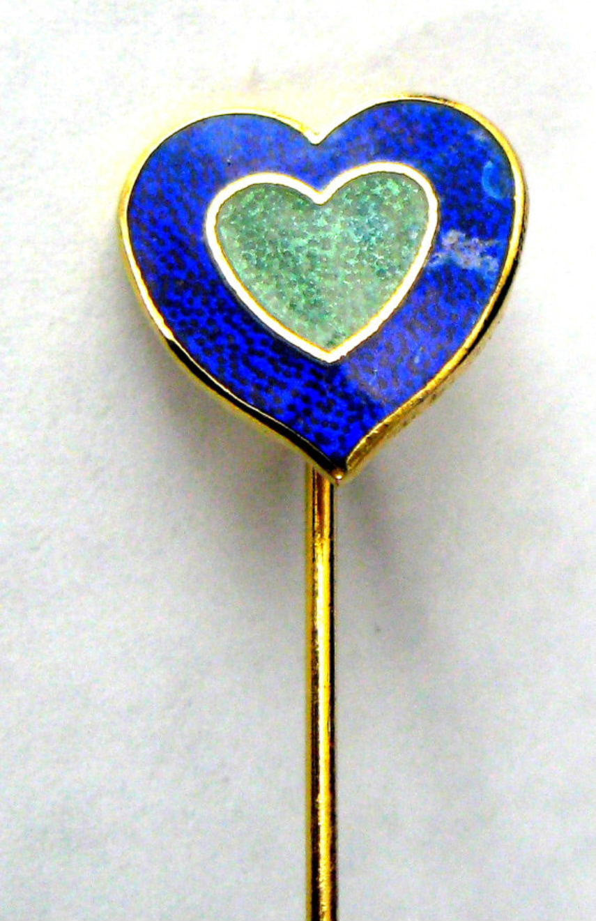 Vintage 1970s Heart Enamel Lapel Pin Brooch - Blue & Green Stick Pin for Jackets, Suits & Collectors | Retro Fashion Accessory for Women & Men