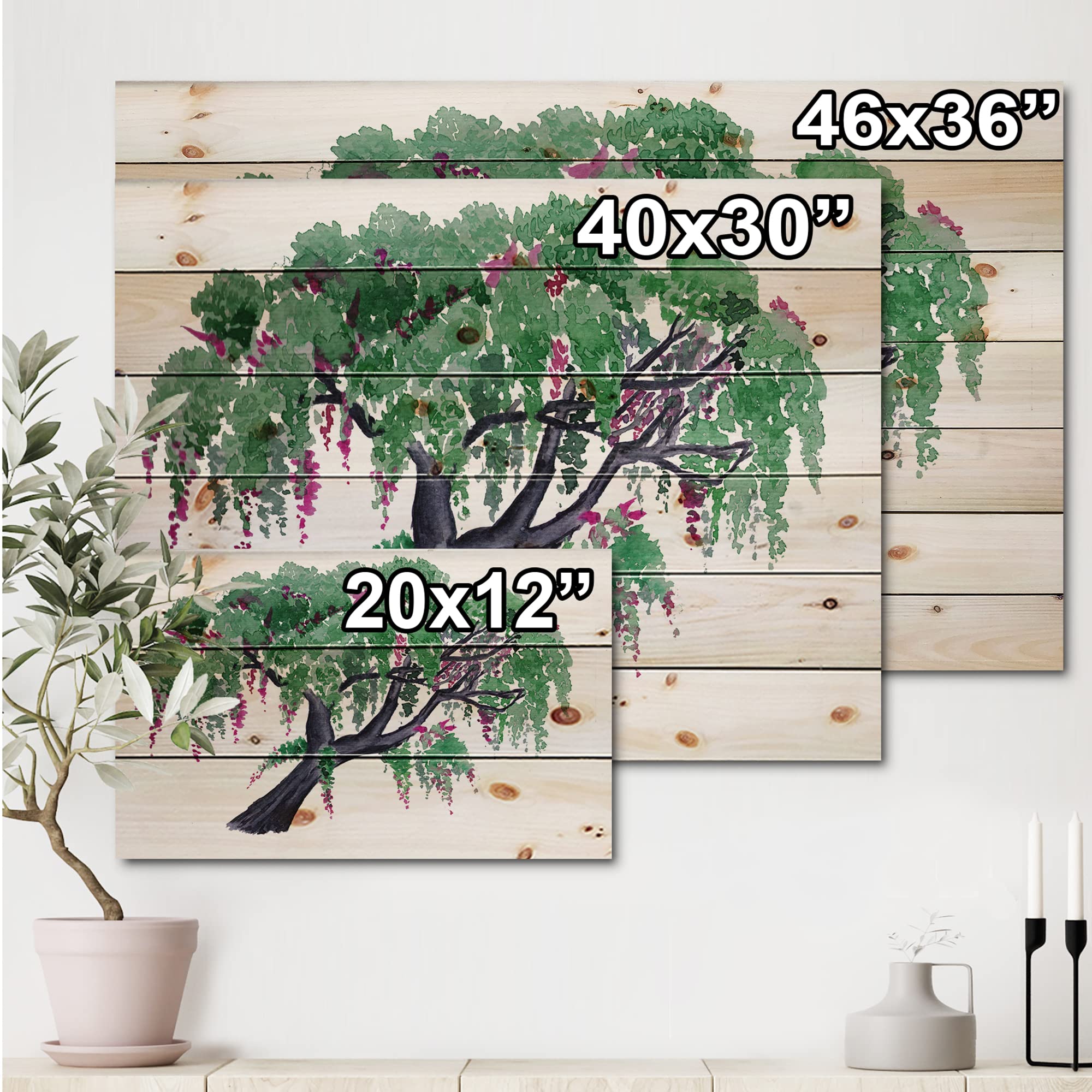 DesignQ Tree Of Wisteria Traditional Wood Wall Decor - Large Floral Wall Art Panel Printed on Natural Pine Wood - Handcrafted Green Wooden Wall Hanging for Living Room, Bedroom & Office Decor