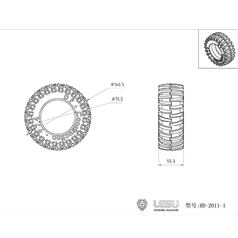 LESU 1/16 Scale RC Truck Spare Parts - 146.5mm x 112.9mm Rubber Wheel Tires with Metal Hubs for Front & Rear Axles | DIY Model Truck & Walking Tractor Replacement Parts | Perfect for Off-Road RC Vehicles, Farm Equipment Models & Hobby Projects