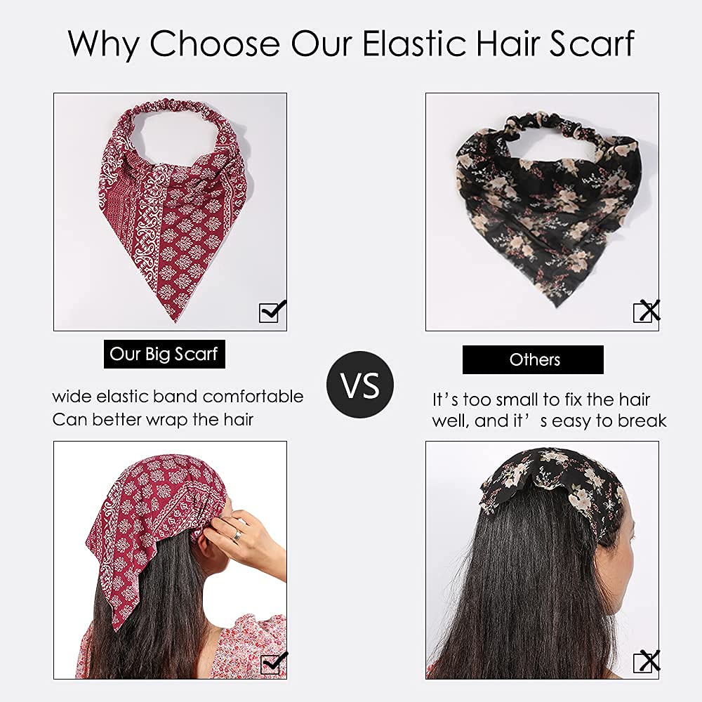 6 Pack Women's Elastic Hair Scarf Headbands - Boho Triangle Bandana with Non-Slip Clips for Girls & Women | Perfect for Yoga, Workouts, Beach, and Everyday Styling