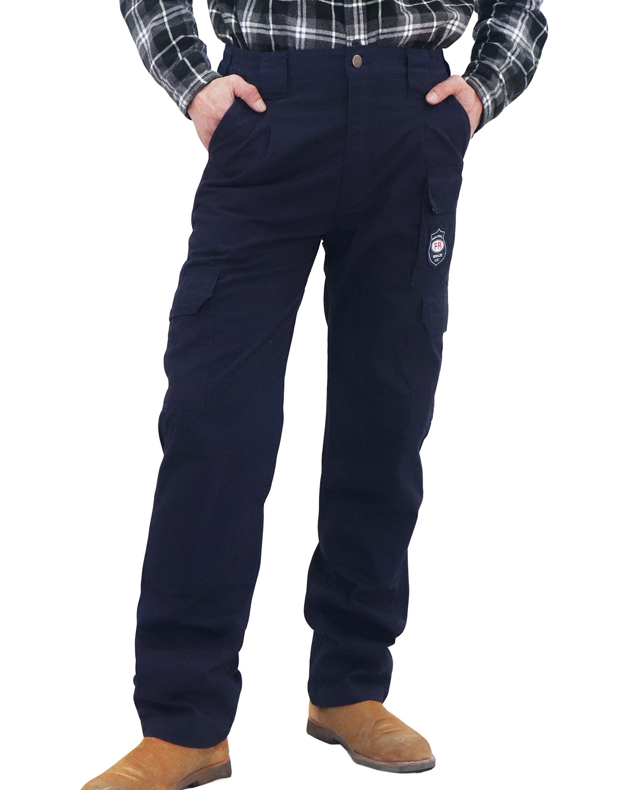 BOCOMAL FR Pants for Men - Flame Resistant Cargo Work Pants with Double Front, Multi-Pockets & Elastic Waist - Ideal for Construction, Welding & Industrial Safety Work