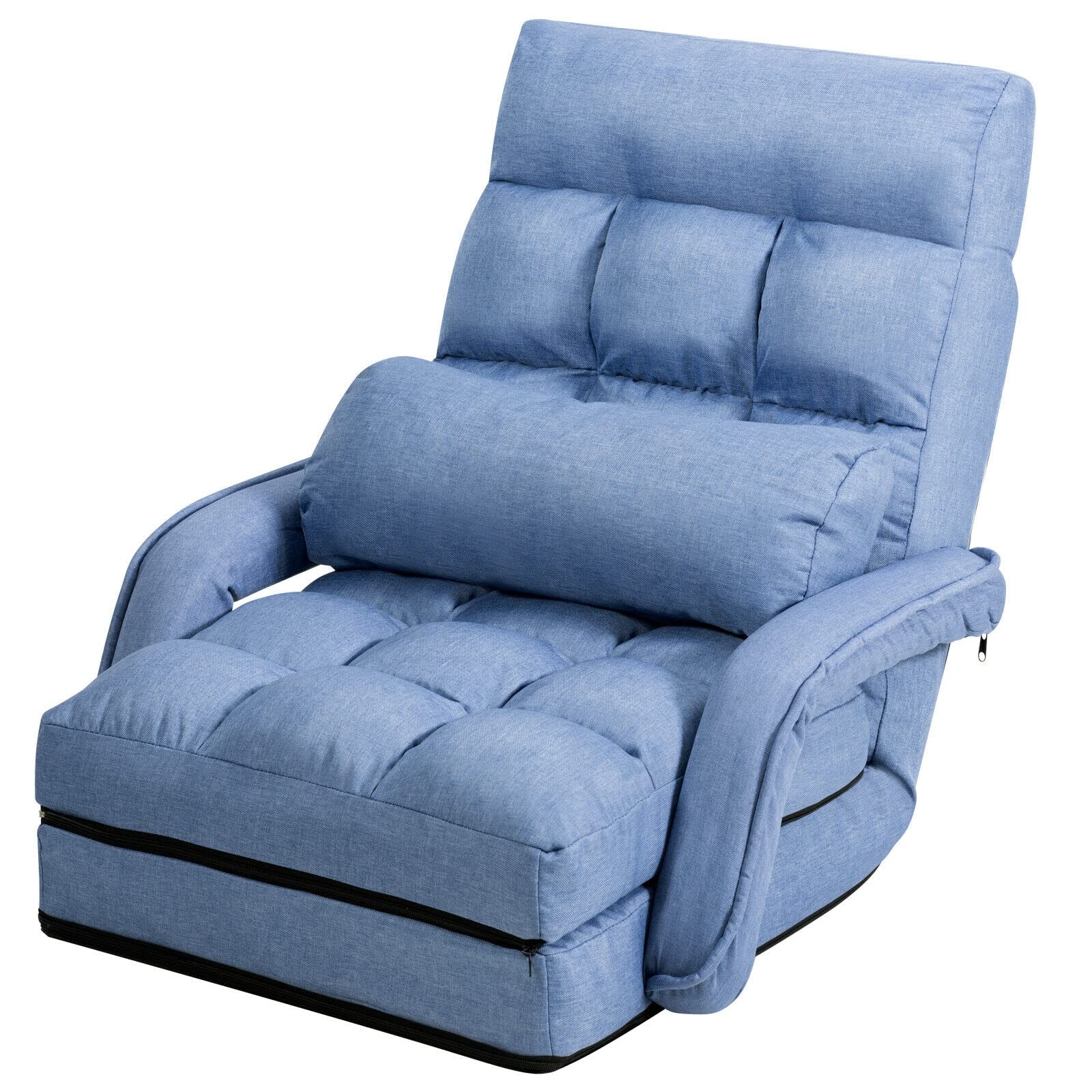 LHONE Folding Lazy Sofa Floor Chair - Convertible Lounger Bed with Armrests & Pillow - Portable Chaise Couch for Living Room, Bedroom, Dorm or Outdoor Camping (Blue)