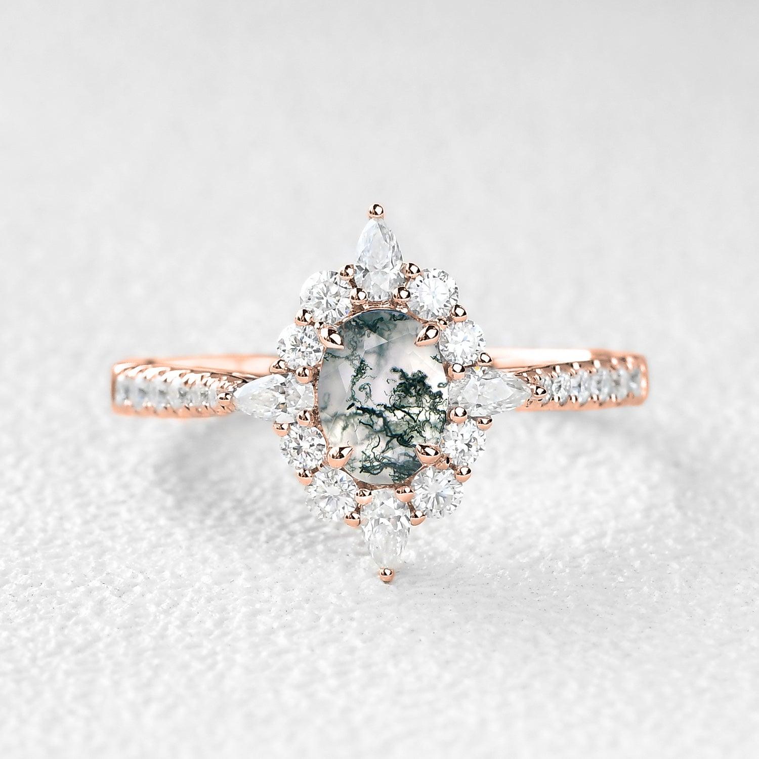 Vintage Moss Agate Halo Engagement Ring - Oval Shaped 14K Gold Wedding Band for Women, Perfect for Proposals, Anniversaries & Bridal Jewelry Gifts