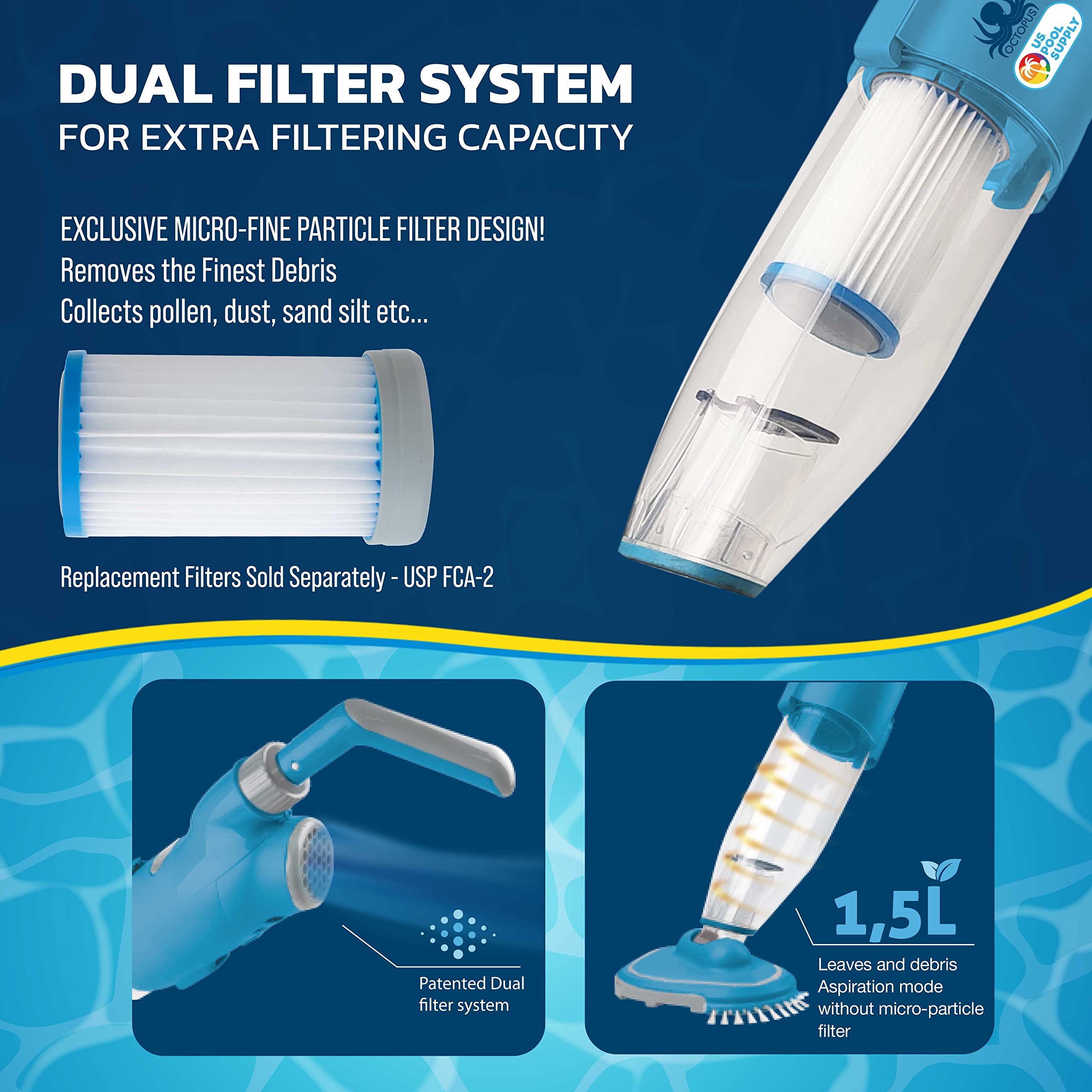 Manual Rechargeable Cordless Pool Vacuum Cleaner - Powerful Suction Handheld Pool Vac for Above Ground & Inground Pools, Hot Tubs, Spas - Includes Scrub Brush Head for Cleaning Leaves & Debris | Perfect for Quick Pool Maintenance & Seasonal Cleaning