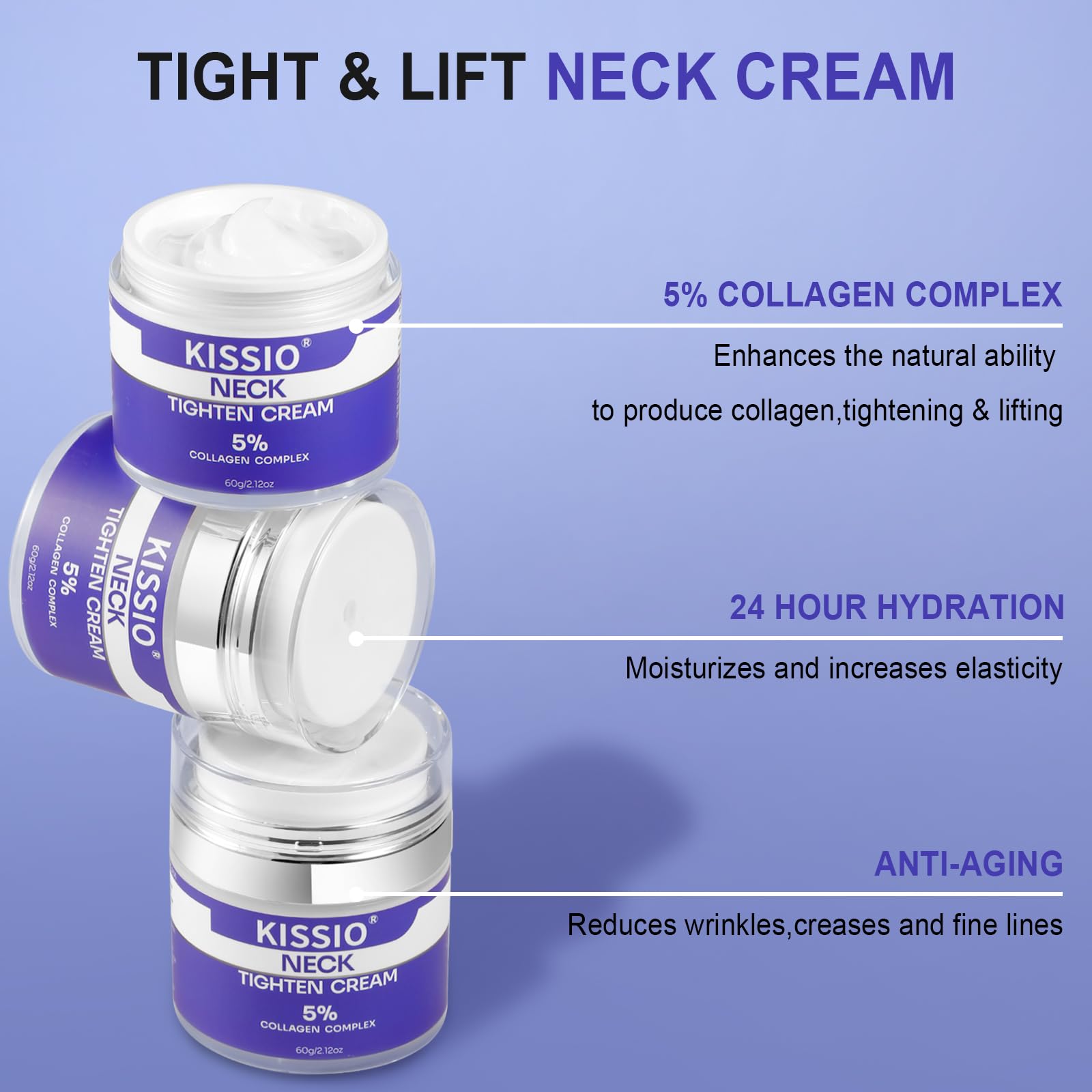 KISSIO 5% Collagen Complex Neck Firming Cream - Anti-Aging Neck Tightening Cream with Peptides & Aloe Vera for Lifting, Hydration & Wrinkle Reduction - All Skin Types - 2.12 Oz - Perfect for Night Routine & Daily Skincare Regimen