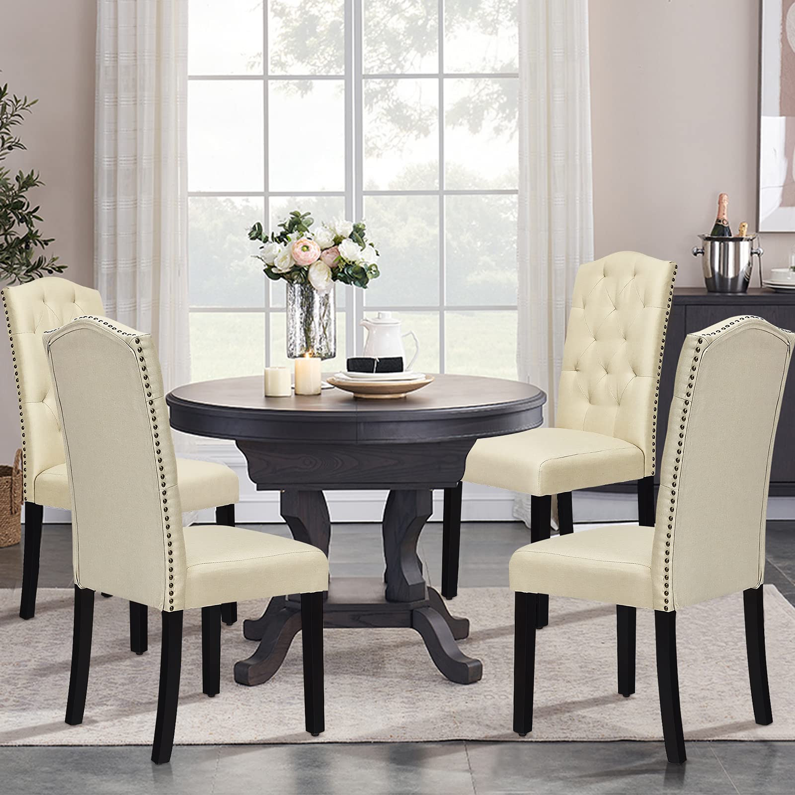 4-Piece Fabric Dining Chair Set - Upholstered Accent Chairs with Solid Wood Legs & Tall Back, Tufted Parsons Style for Kitchen, Dining Room, Office - Comfortable Beige Seating for Home & Restaurant Use