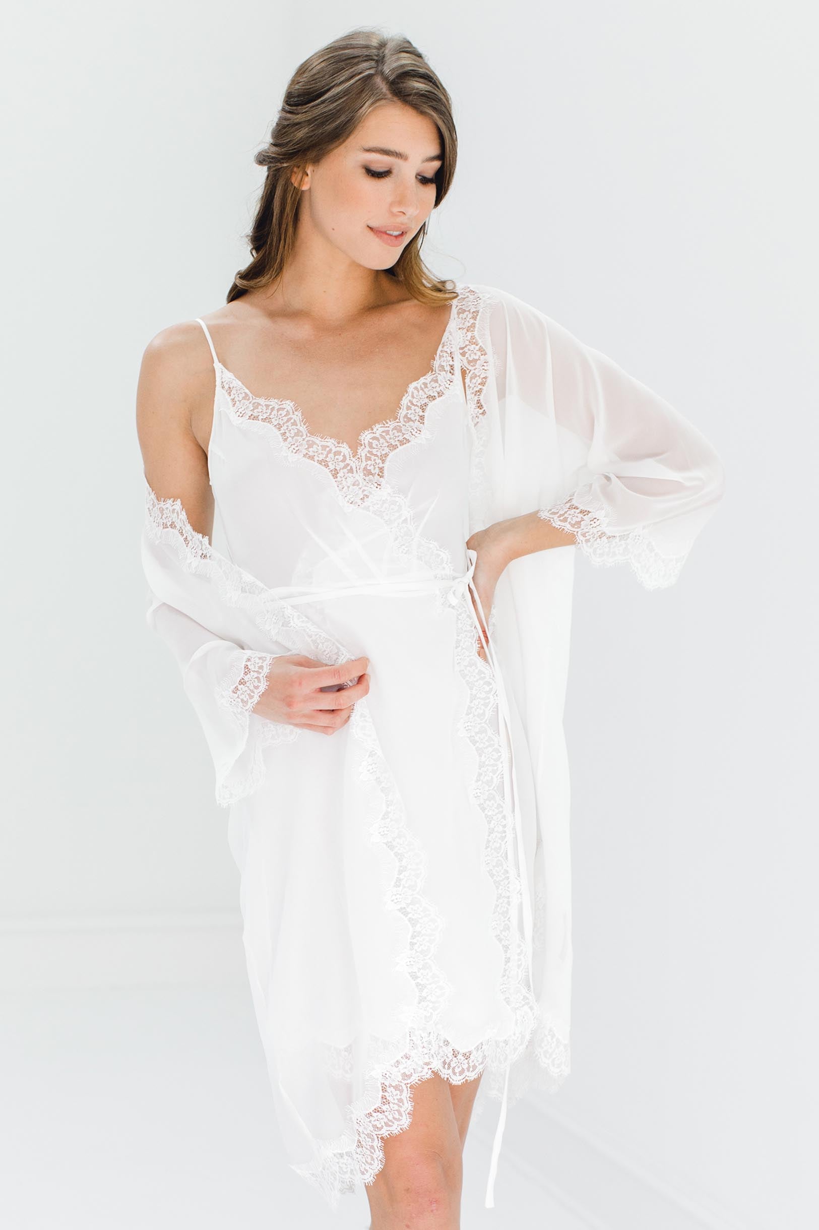 Ivory Silk Chiffon & Lace Kimono Robe - Luxurious Lightweight Cover Up for Women - Perfect for Bridal, Spa, Beach & Boudoir