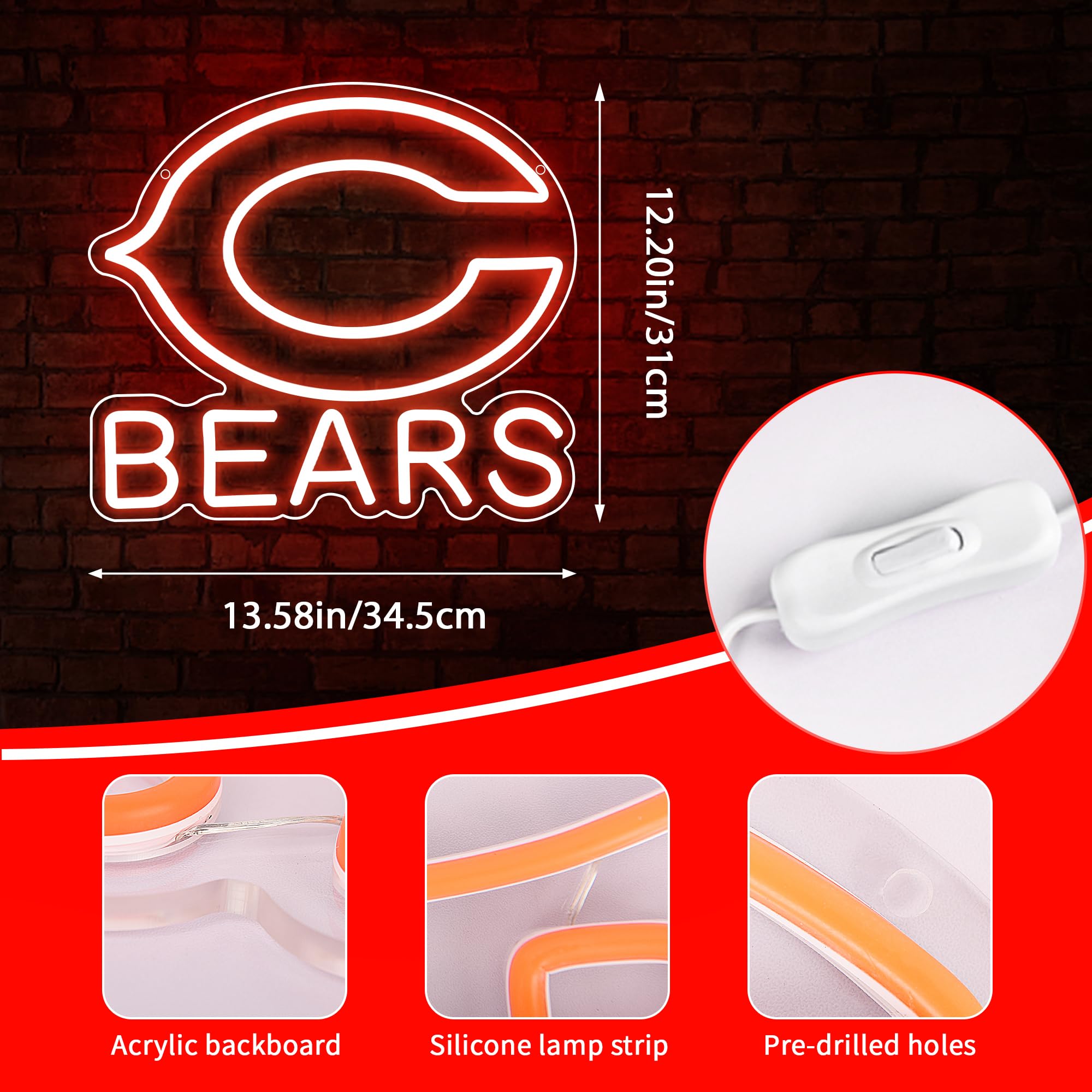 Football Team Bears LED Neon Sign - 12.2x13.5 Inch Orange Wall Decor for Man Cave, Sports Bar & Game Room | Perfect Birthday Gift for Football Fans & Party Club Decor (ZYLD115)