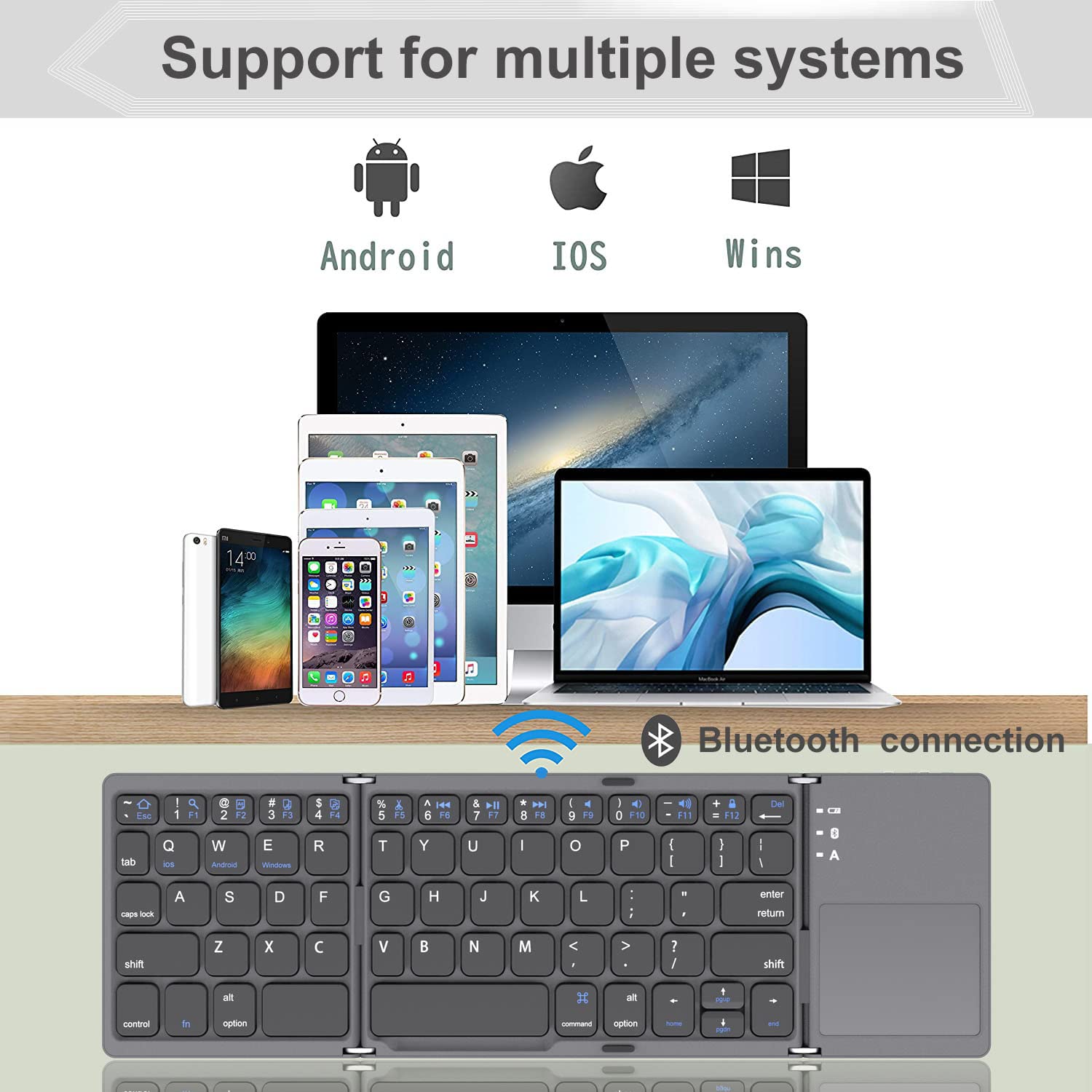 Foldable Bluetooth Keyboard with Touchpad - Portable Wireless Keyboard for Mac, Windows, Android, Linux, PC & Tablet - Rechargeable Li-ion Battery - Dark Gray | Perfect for Travel, Office & Home Use