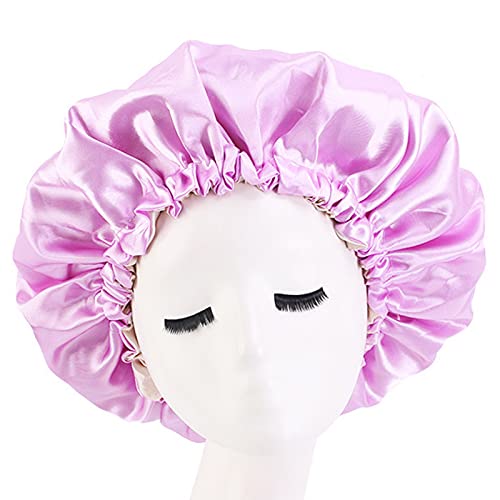 Extra Large Double Layer Reversible Adjustable Satin Sleep Bonnet for Women - Lavender & Beige Hair Protection Cap for Nighttime, Travel & Natural Hair Care