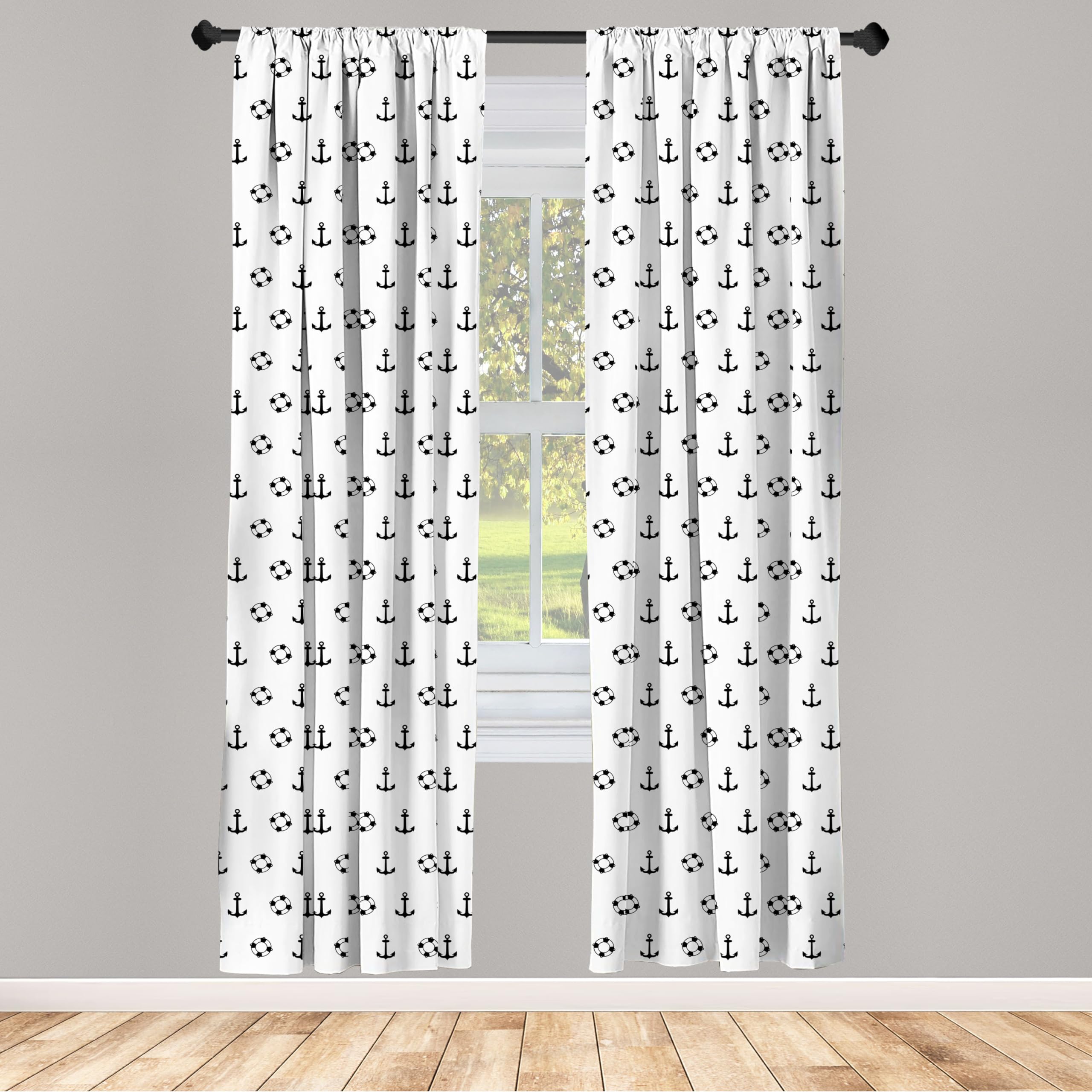 Ambesonne Nautical Themed Curtains - Anchor & Ocean Pattern Black White Window Drapes - 28