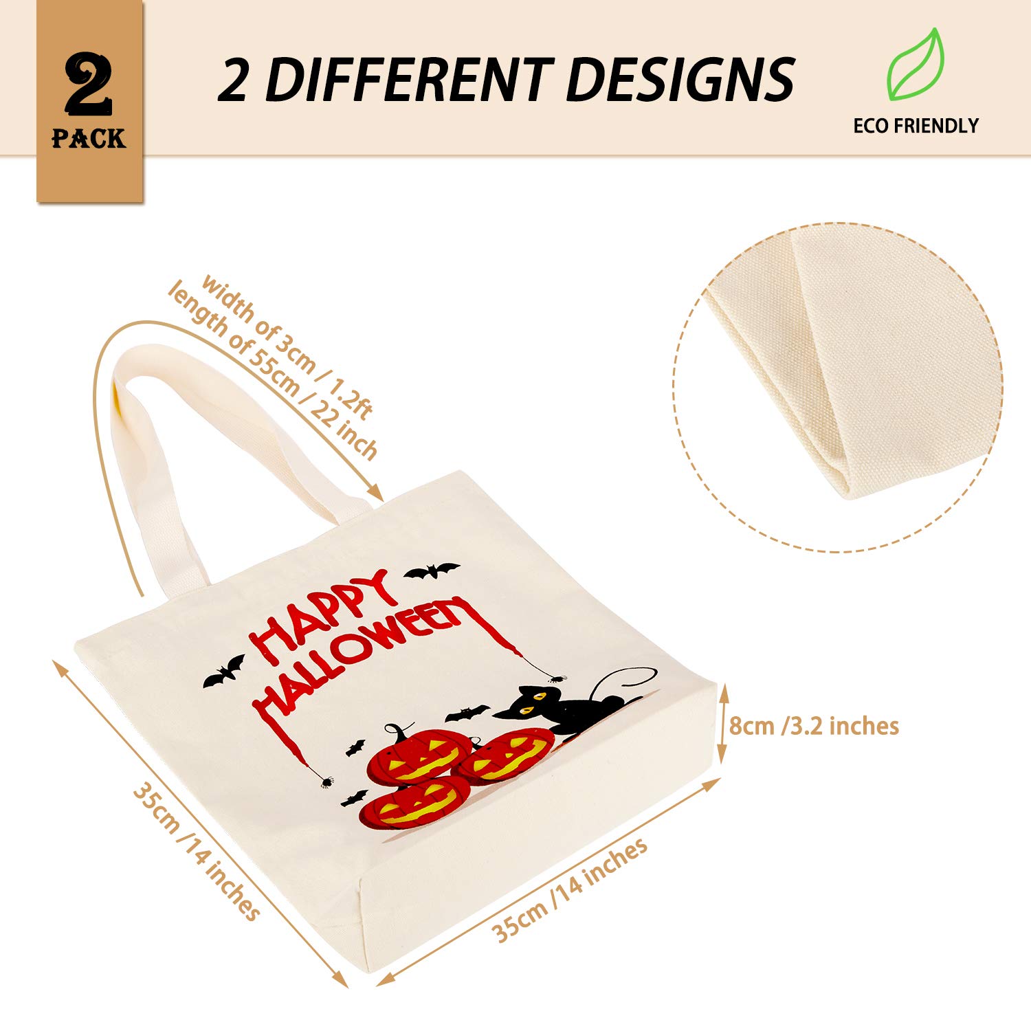 WeeWooday 2-Pack Halloween Tote Bags - Reusable Canvas Grocery Shopping Bags with Pumpkin Print for Trick or Treat, Halloween Parties, Fall Decor & Everyday Use