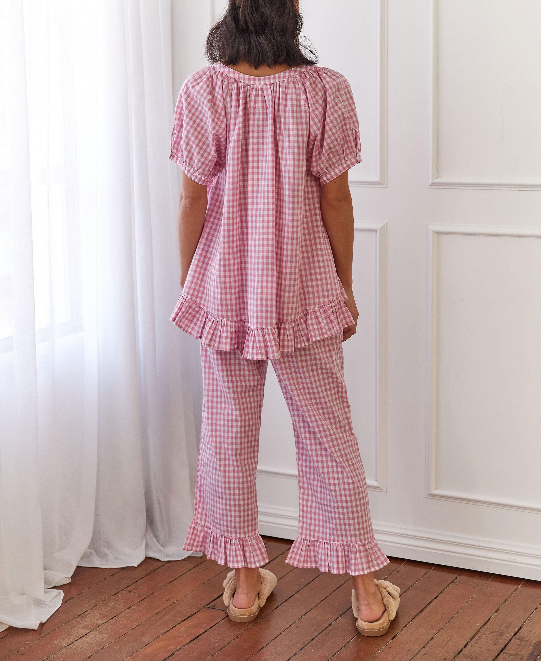 KMBANGI Women's Y2K Plaid Pajama Set - Ruffle Hem Gingham Short Sleeve Shirt & High Waist Bell Bottom Pants Lounge Outfit for Sleepwear, Loungewear and Vintage Fashion Style