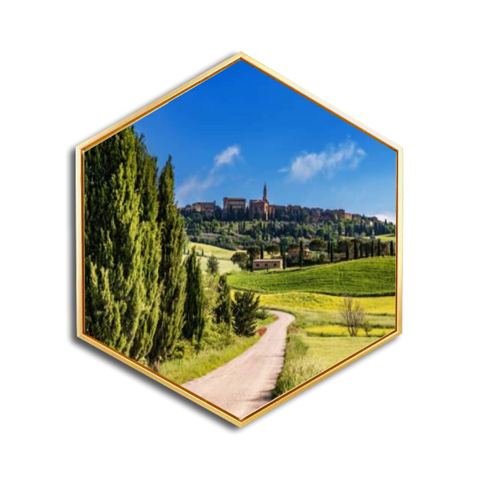 Golden Framed Italian Landscape Canvas Wall Art - Tuscany Hilltop Town of Pienza Giclee Print, Minimalist Modern Hexagon Wall Decor for Home & Office | Ready to Hang | Perfect for Living Room, Bedroom & Workspace Decor
