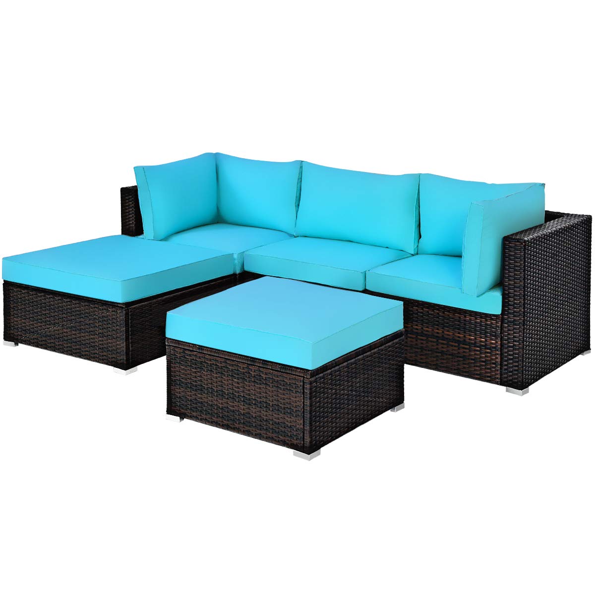 COSTWAY 5-Piece Outdoor Patio Furniture Set - PE Rattan Sectional Sofa with Cushions & 2 Ottomans, Waterproof Garden Conversation Set for Backyard, Deck, Poolside (Turquoise Blue) | Perfect for Outdoor Relaxation & Entertaining