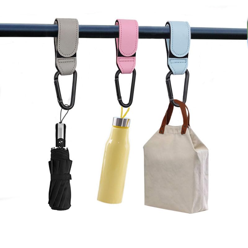 6 PCS Universal Stroller Hooks - Heavy Duty Stroller Clips for Hanging Shopping Bags, Diaper Bags & Purses - Perfect for Moms Walking, Shopping & Travel (Blue, Pink, Gray) - Keep Hands Free While Pushing Stroller or Grocery Shopping