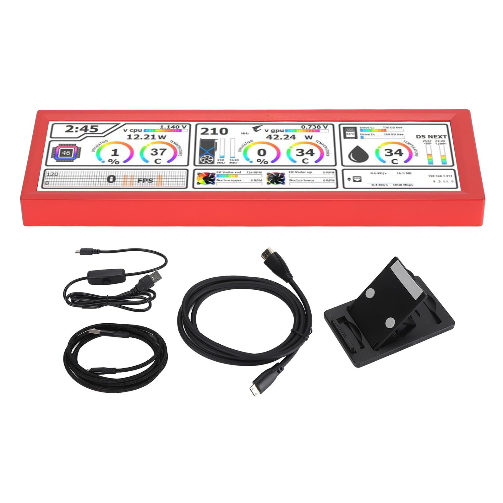 8.8 Inch Fockety PC Temperature Monitor - Mini Touchscreen Secondary Display with Dynamic Themes & One-Touch Operation, Computer Case Sensor Panel for Gaming PC, Workstation & Home Office (Red)