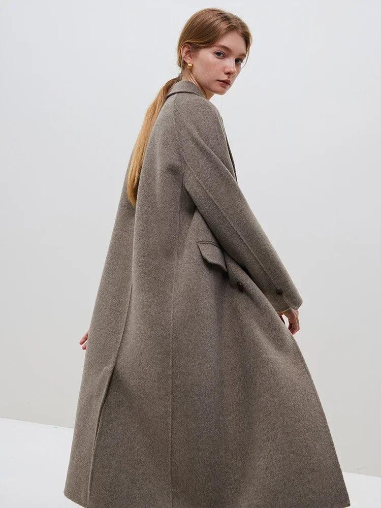 Women's Winter Double Sided 100% Wool Long Coat - Commuter Style Solid Color Warm Trench Coat for Office, Travel & Cold Weather