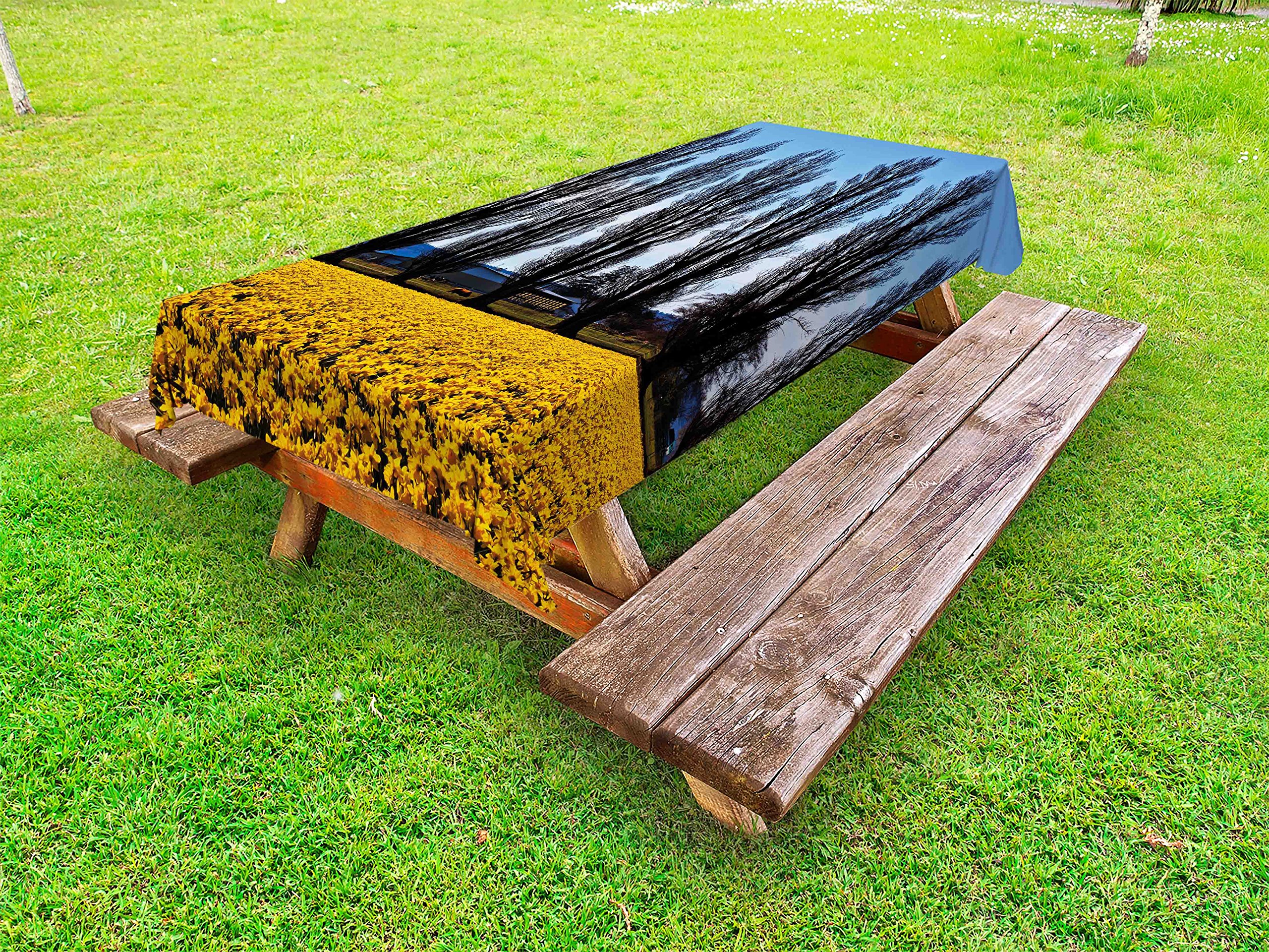 Ambesonne Waterproof Outdoor Tablecloth - Daffodil Field Photography Print, Washable Picnic Table Cover 58x84 Inches, Mustard Blue - Perfect for Garden Parties, BBQs, and Outdoor Dining