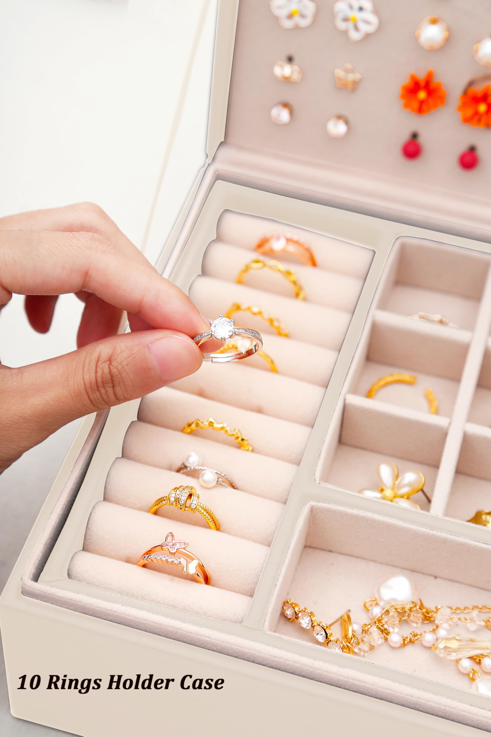 **Beige Jewelry Box Organizer for Girls - Earring Holder, Necklace & Ring Storage - Perfect for Teen Bedroom, Birthday Gifts & Travel Jewelry Case**