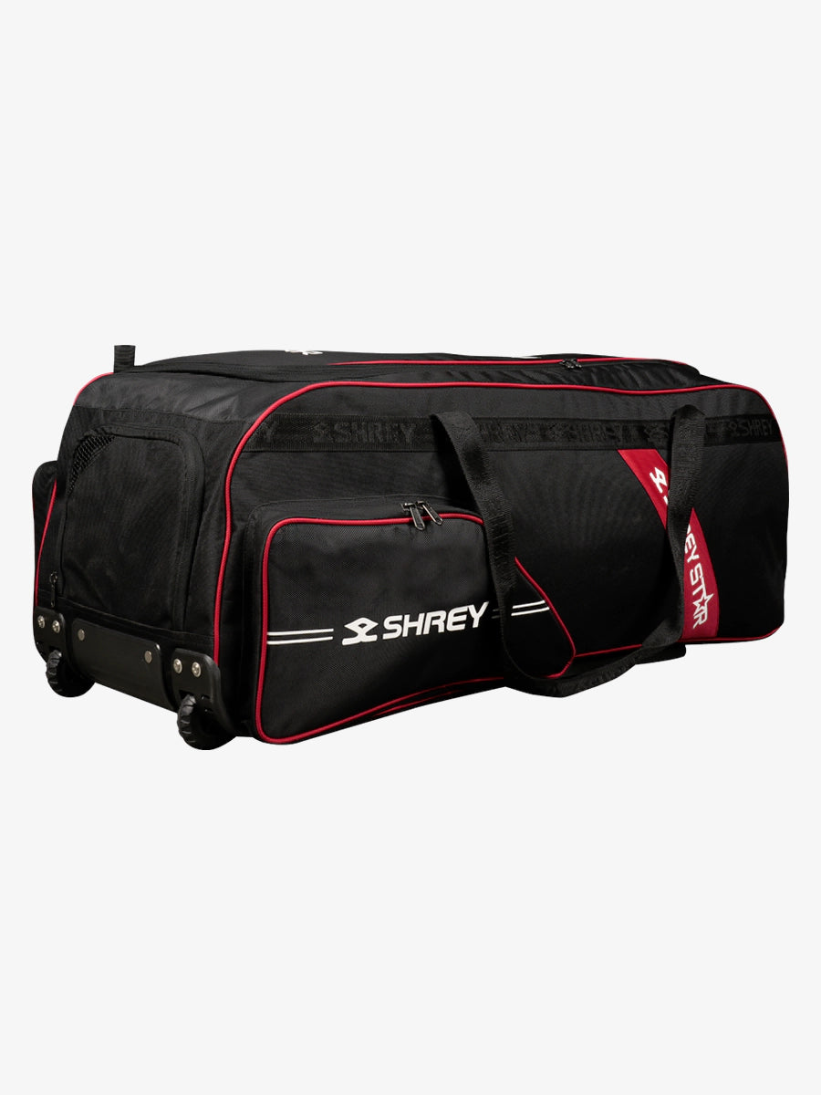 Shrey Star Wheelie 2.0 Cricket Bag - Premium Black & Red Cricket Equipment for Travel & Practice - Perfect for Matches, Training & Sports Gear Storage