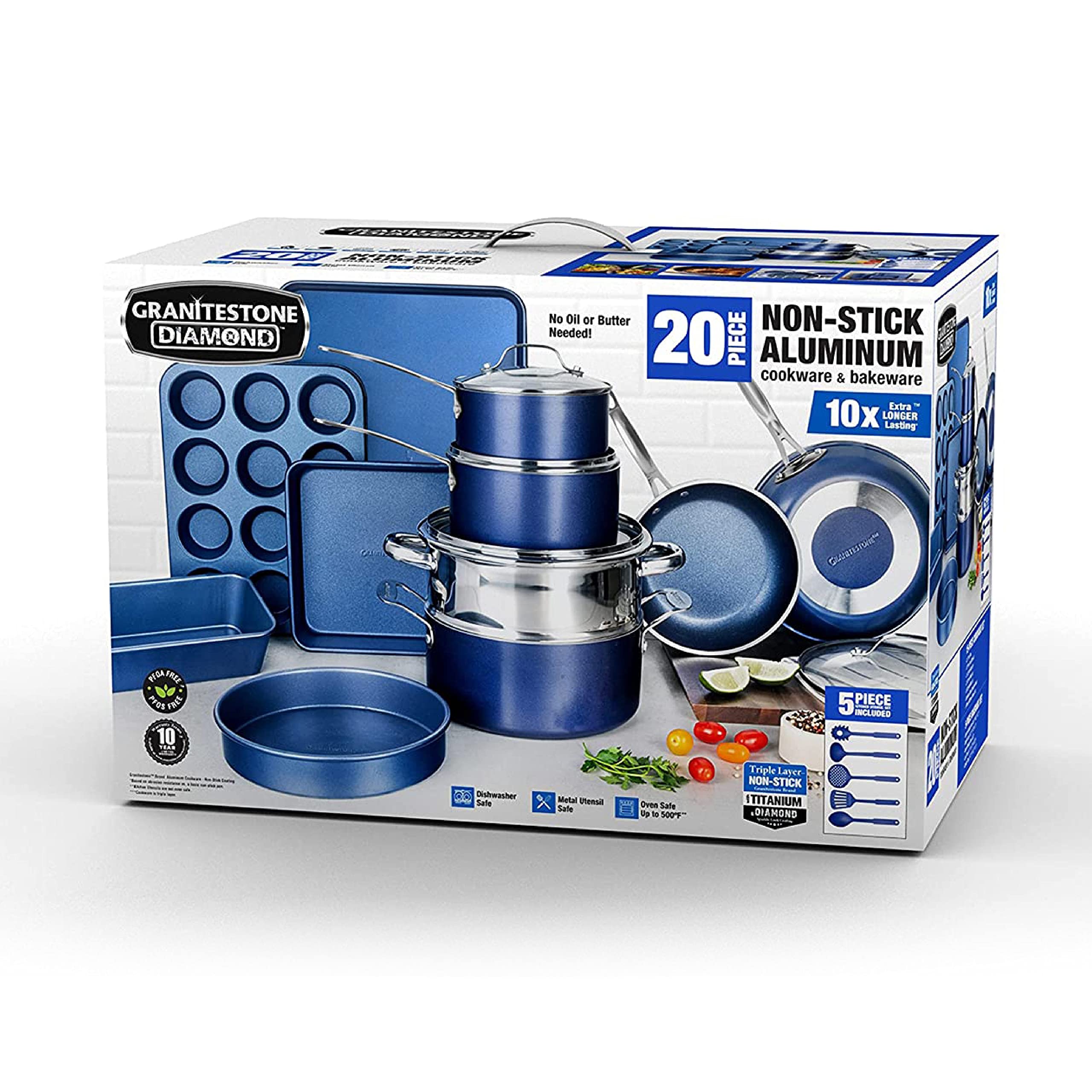 Granitestone 20-Piece Nonstick Cookware Set with Ultra Durable Mineral & Diamond Coating - PFOA & PFAS Free Pots, Pans & Bakeware - Oven, Dishwasher & Metal Utensil Safe - Blue - Perfect for Everyday Cooking, Baking & Family Meals