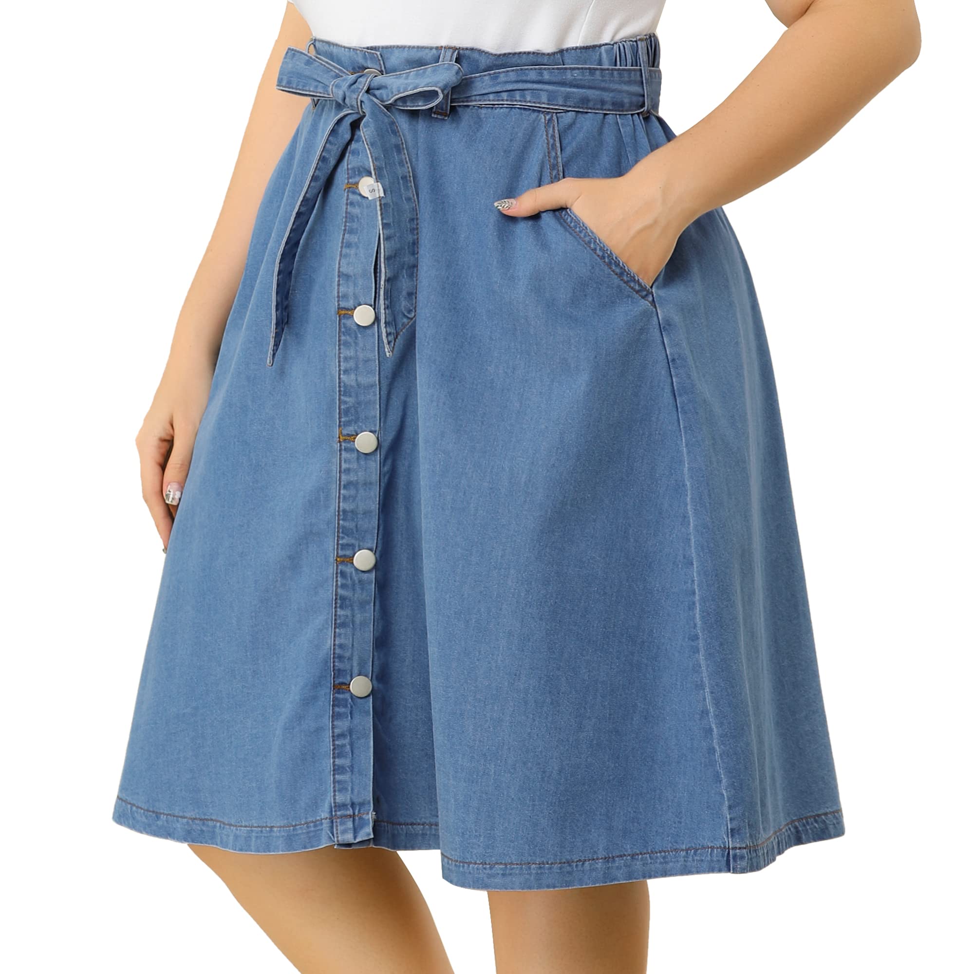 Agnes Orinda Women's Plus Size Denim Skirt - Stretch A-Line Midi Skirt with Tie Waist & Pockets | Casual Summer Outfit for Work, Date Night & Weekend Wear